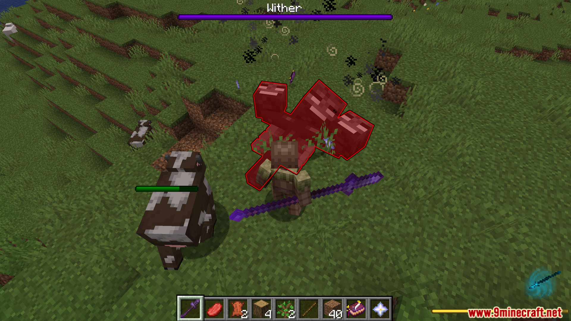 A player attacking a cow with a purple sword