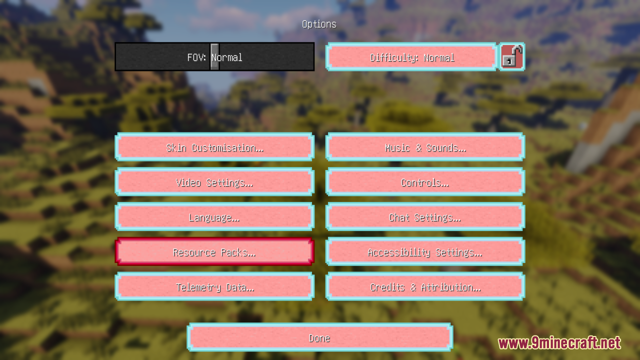 Minecraft options menu with custom blue and pink buttons
