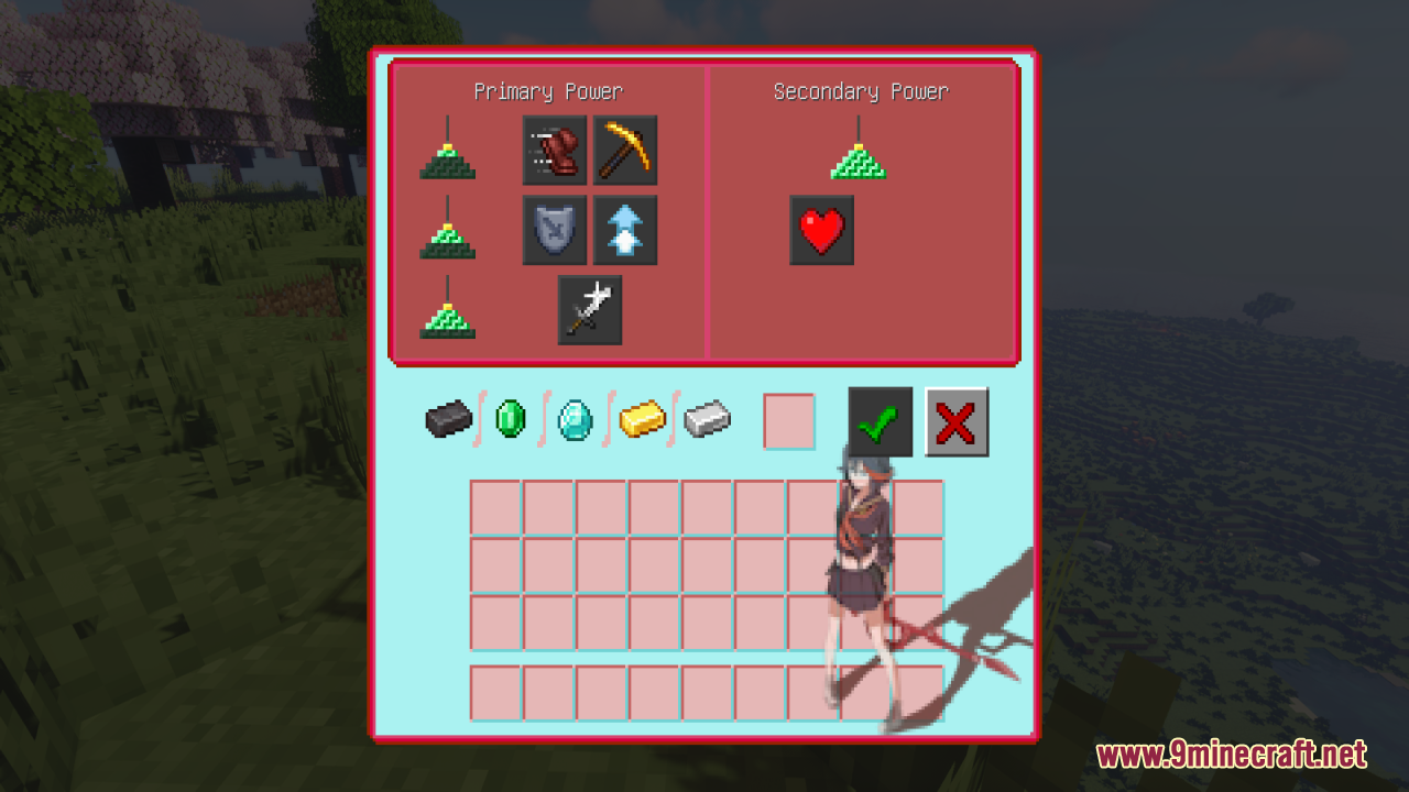 Custom beacon interface displaying power options and an anime character