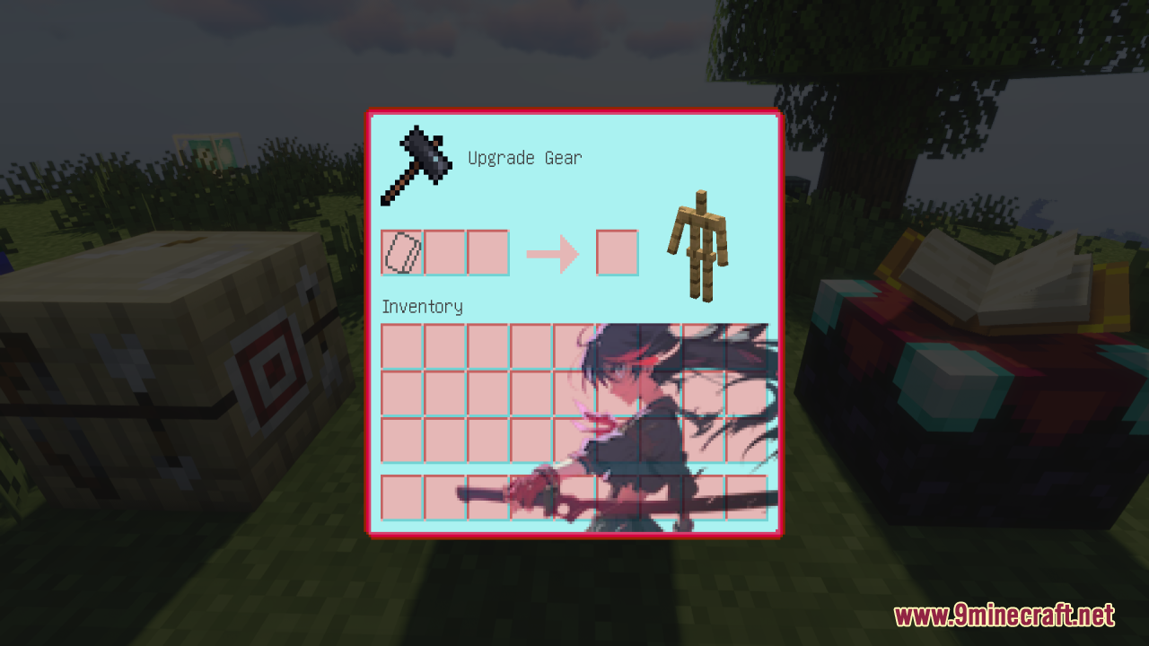 Smithing table upgrade gear menu with custom anime character background