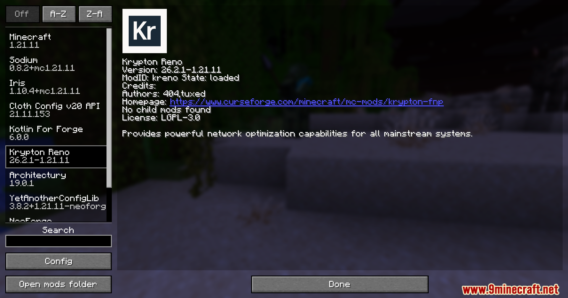 Krypton Reno mod selected in the Minecraft mod list menu