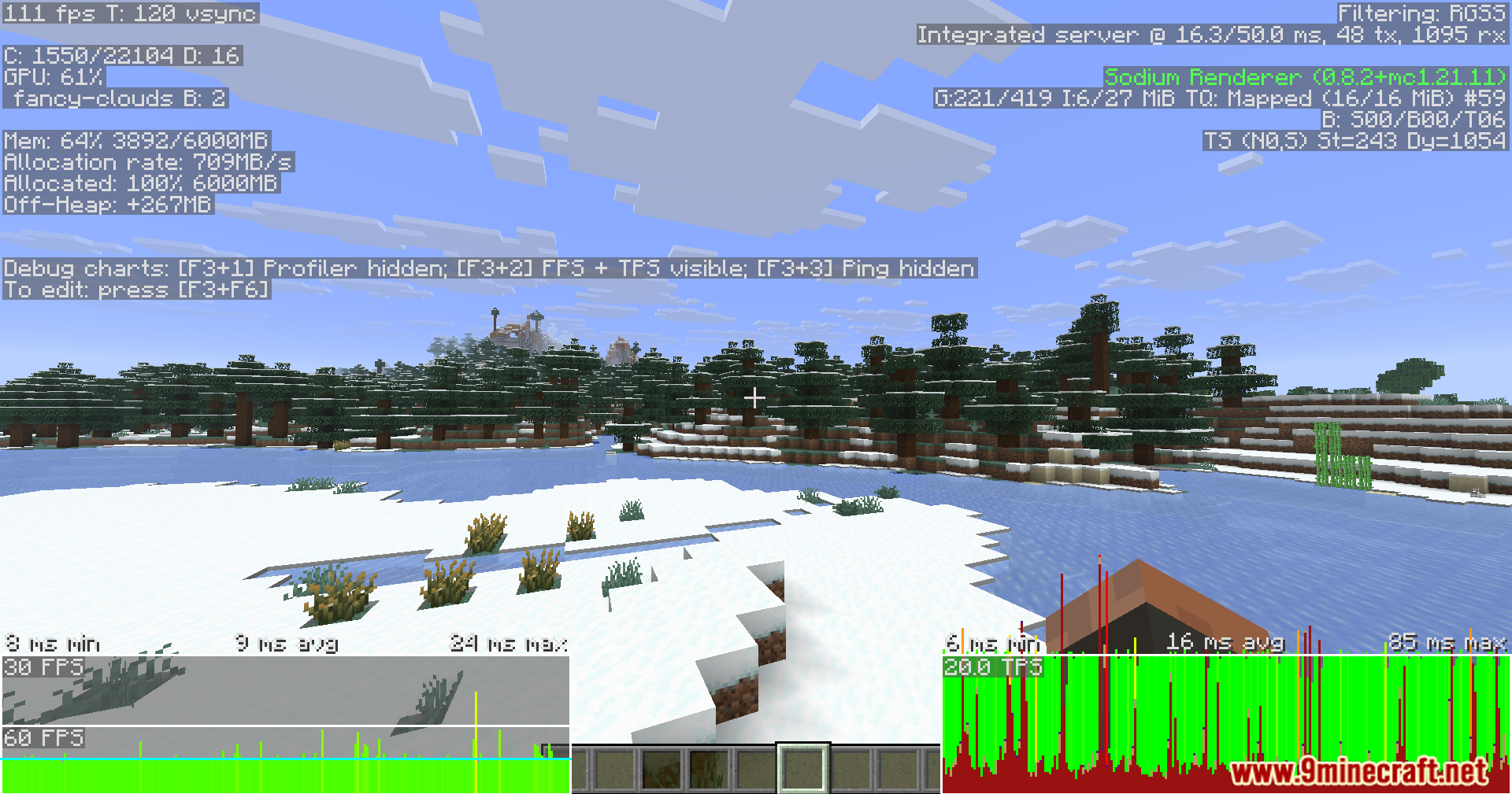 Snowy forest landscape with debug screen displaying stable game performance