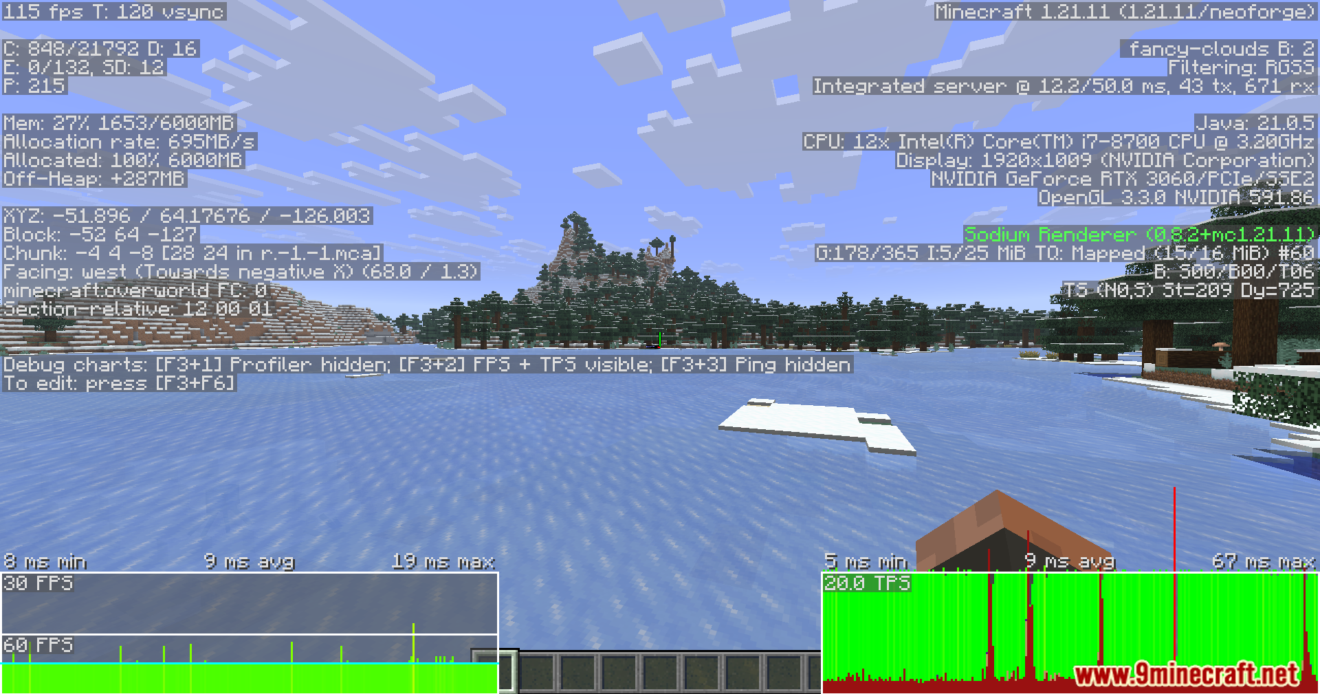Performance debug screen displaying frame rate and server tick rate