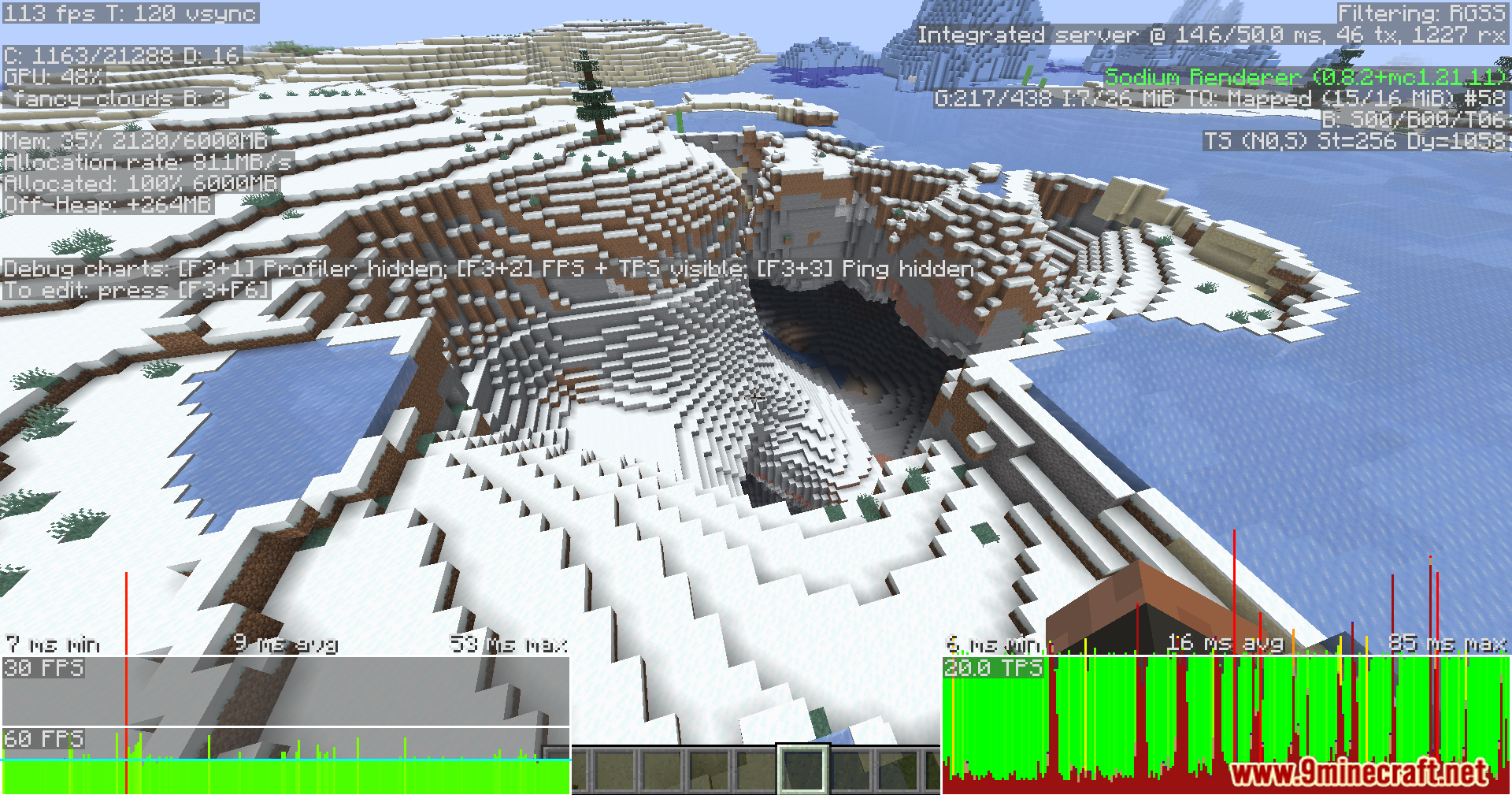 Snowy mountain terrain with debug screen showing game performance metrics