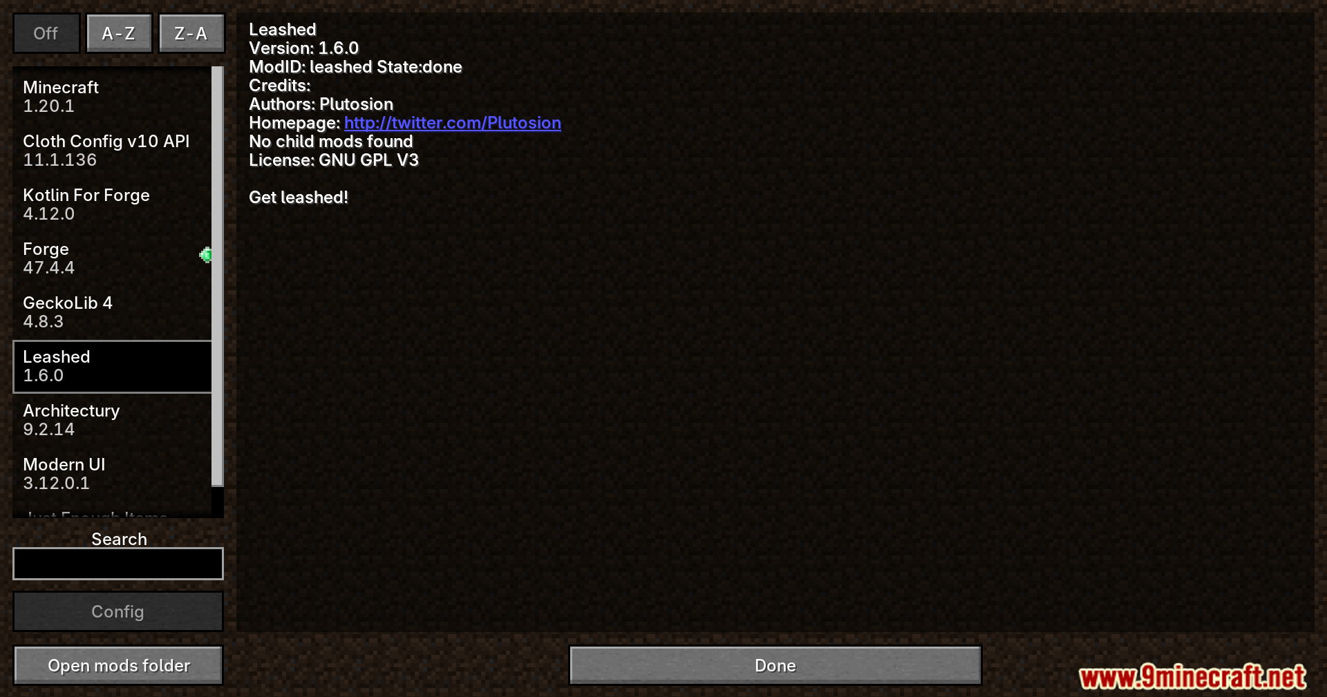 Leashed Mod Screenshot 1 Minecraft mods menu screen showing the Leashed mod selected