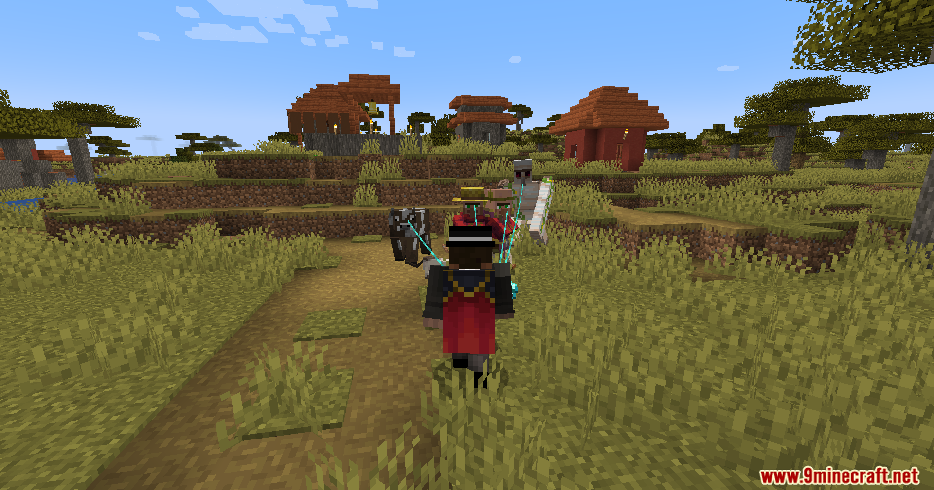 Leashed Mod Screenshot 11 Player leading multiple mobs towards savanna village using Leashed Mod lead