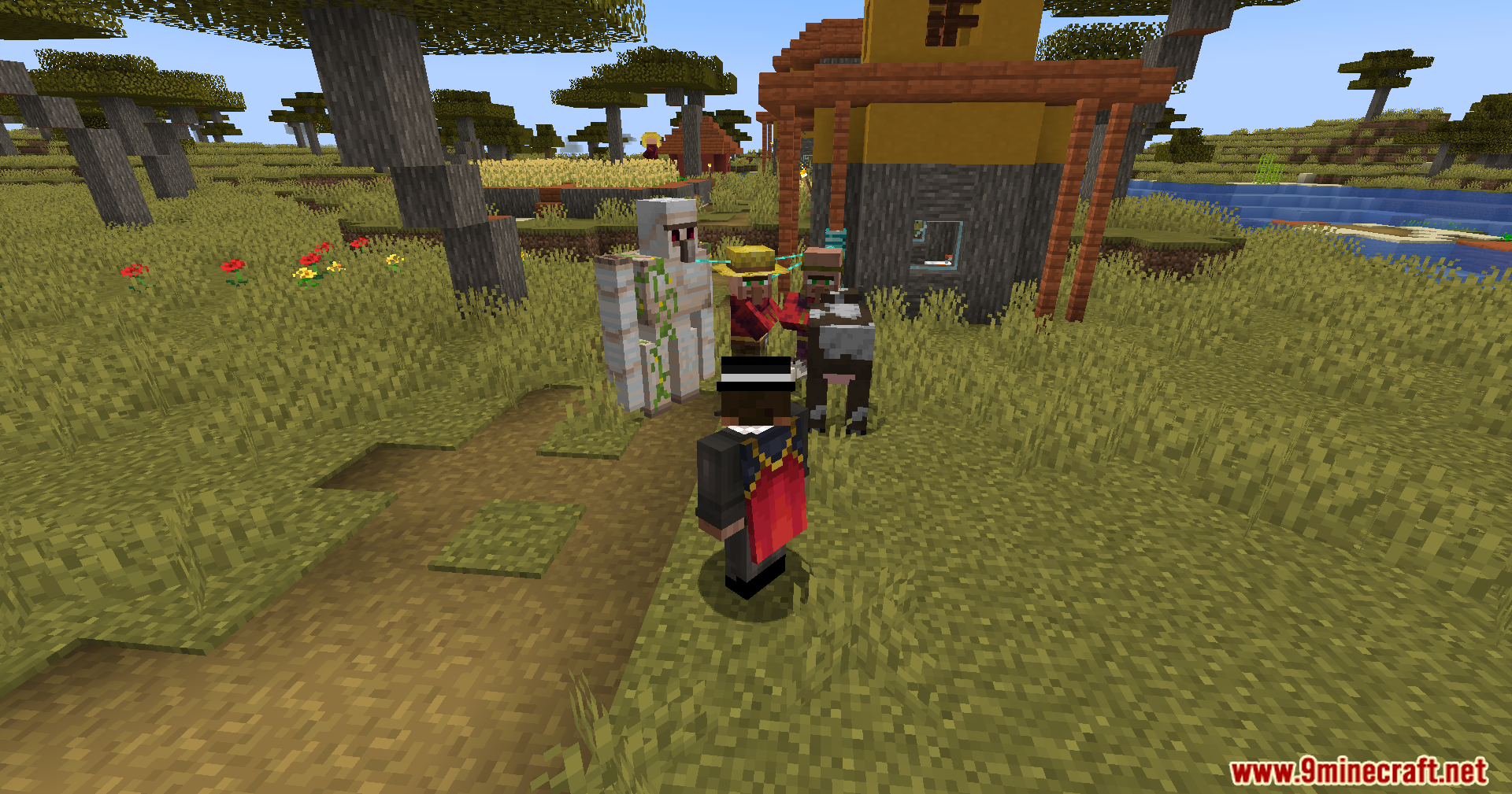 Leashed Mod Screenshot 14 Player pulling an iron golem villager and cow with Leashed Mod