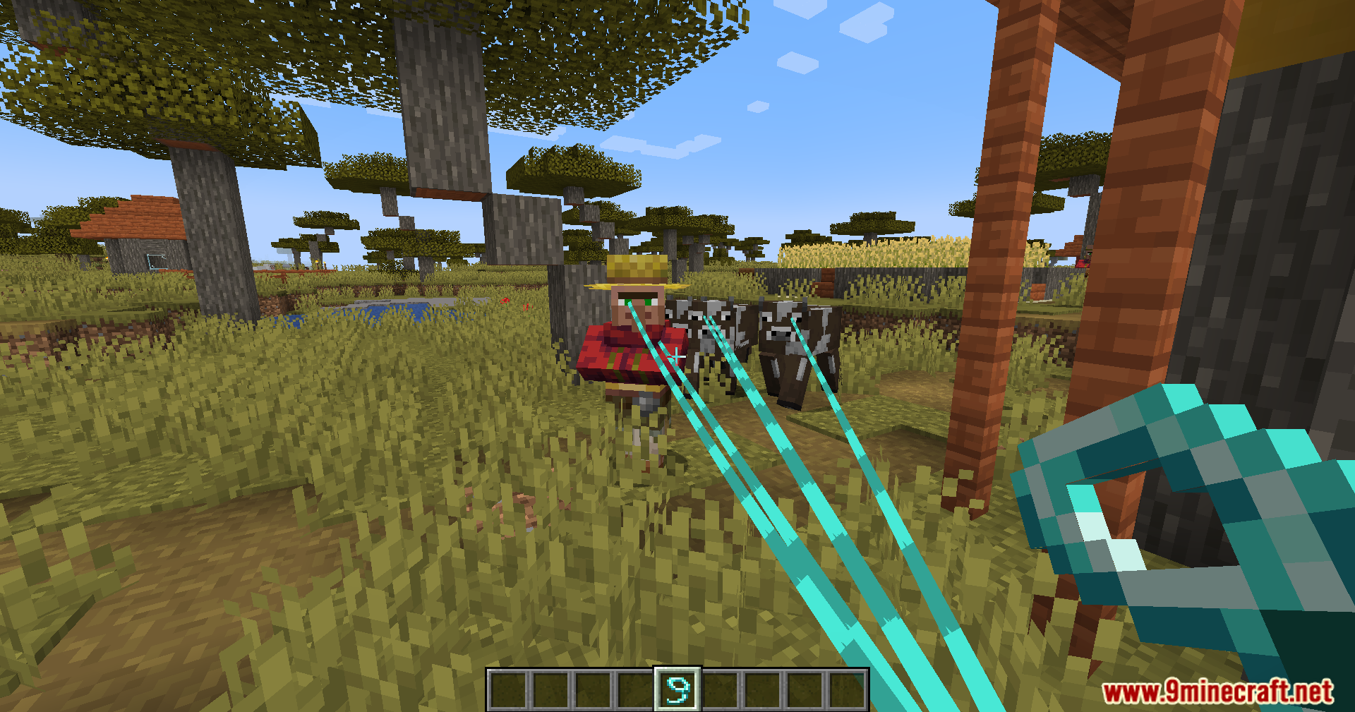 Leashed Mod Screenshot 3 Player using the Leashed mod to pull a villager and cows