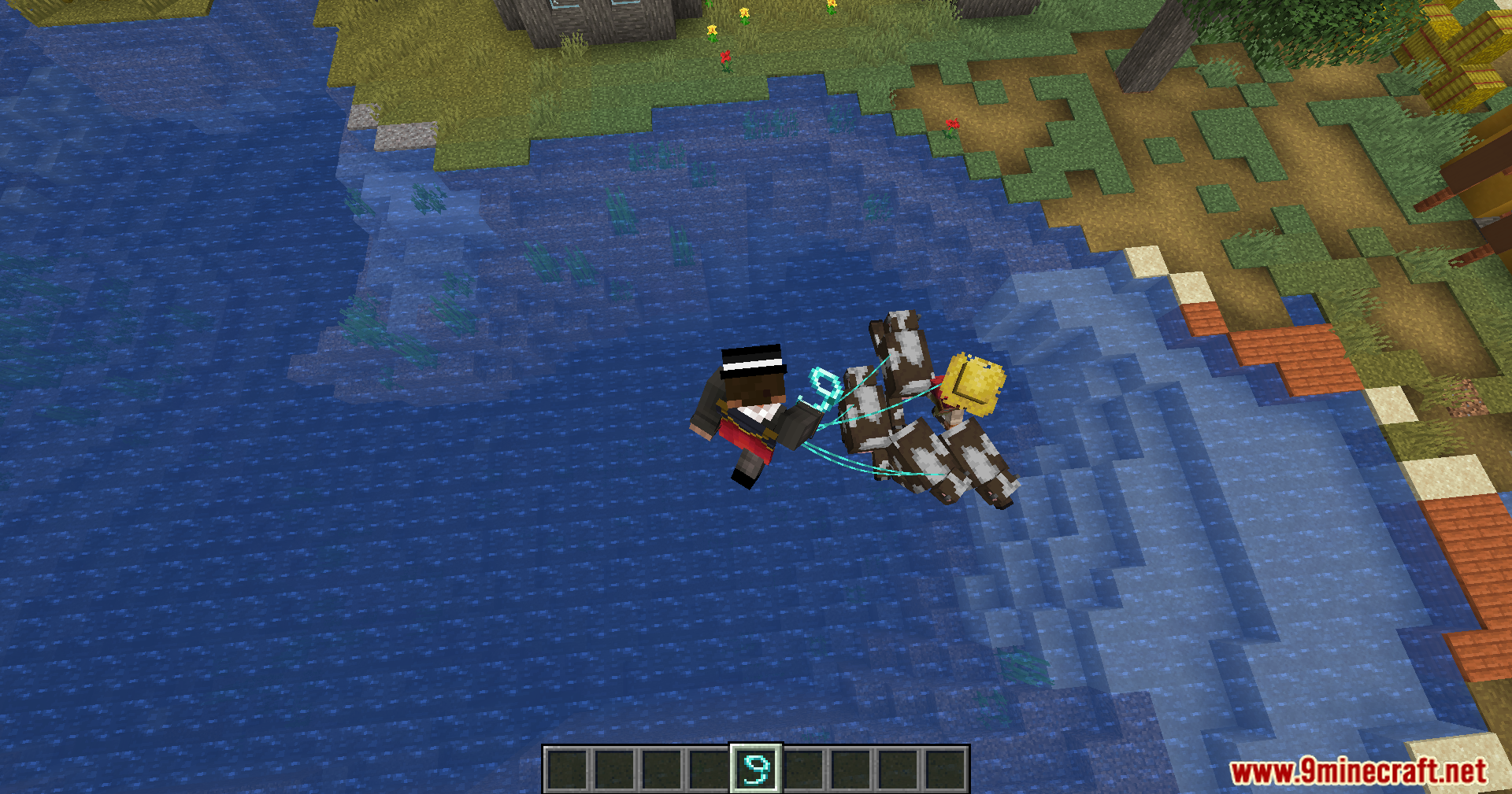 Leashed Mod Screenshot 5 Player flying over water pulling cows with Leashed Mod diamond leads