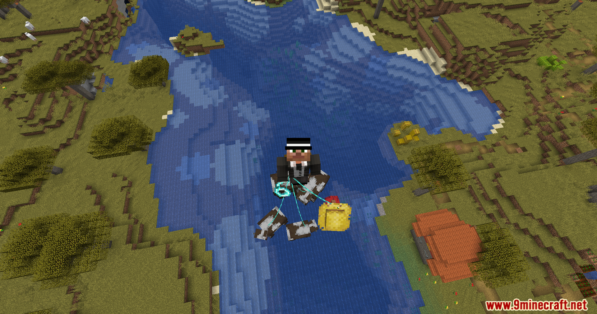 Leashed Mod Screenshot 6 Player suspended in air pulling multiple cows with Leashed Mod leads