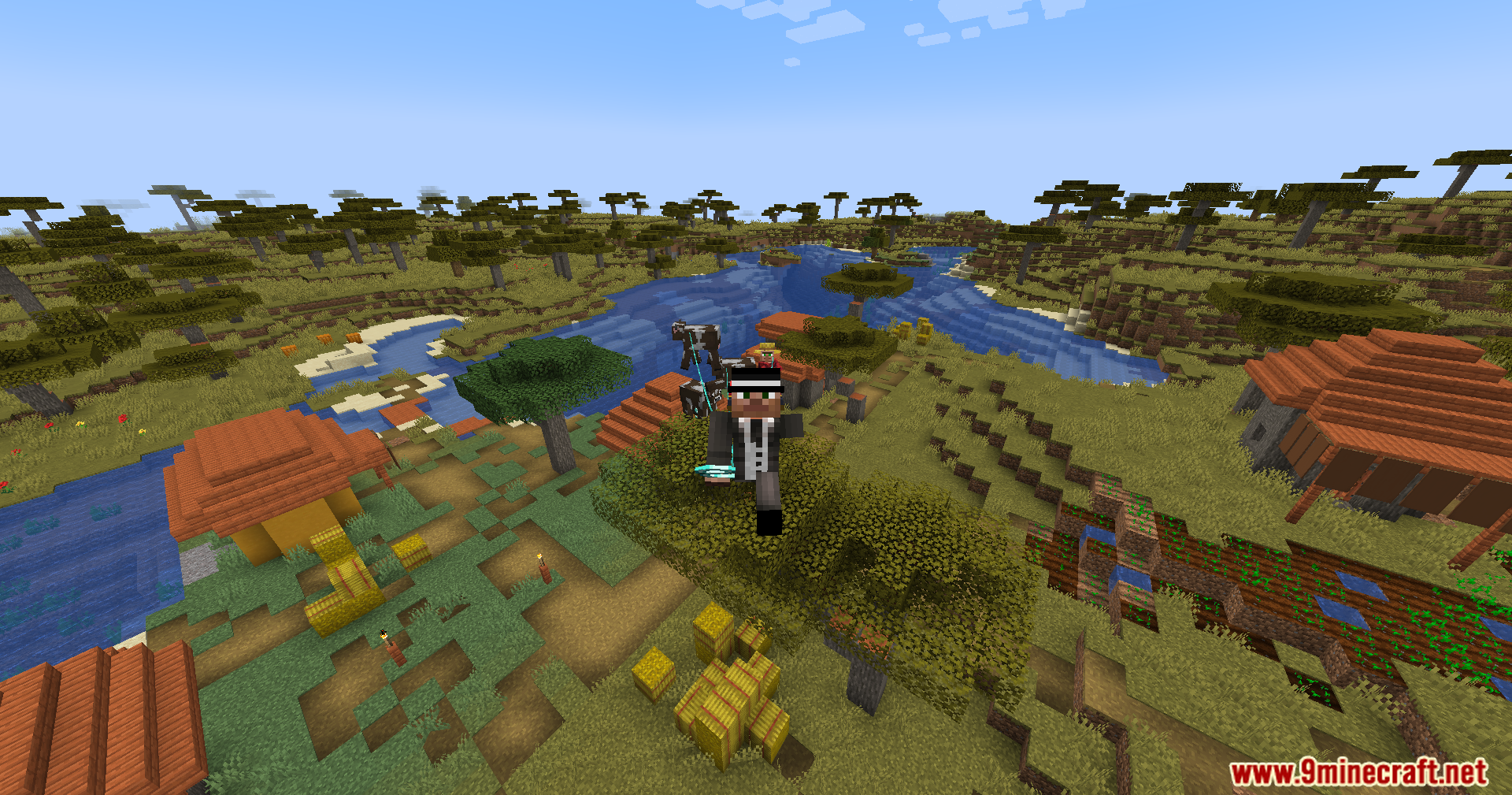 Leashed Mod Screenshot 7 Player running through savanna village pulling cows with Leashed Mod leads