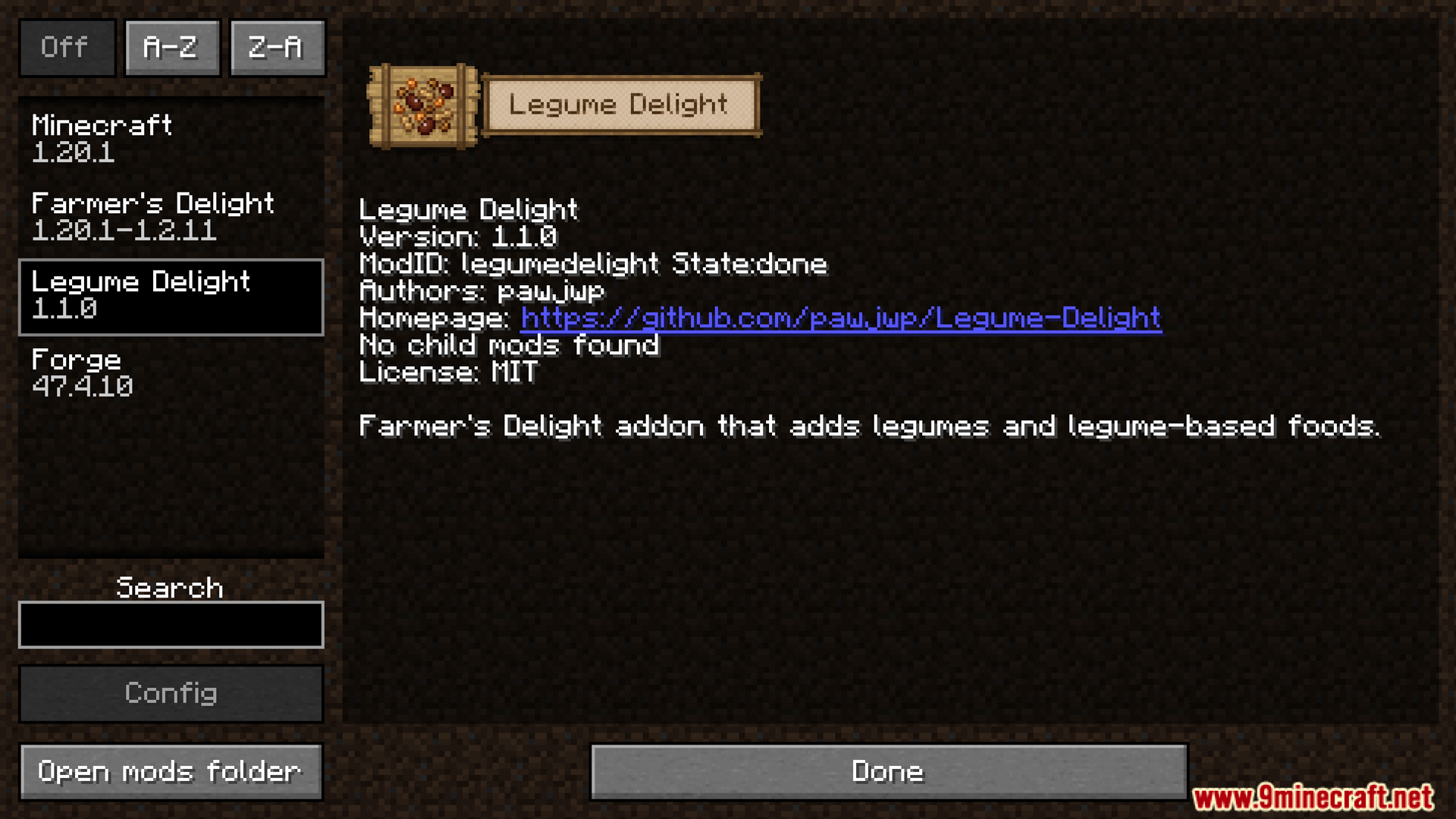 Legume Delight Mod Screenshot 1 Minecraft mod menu showing Legume Delight mod information and version