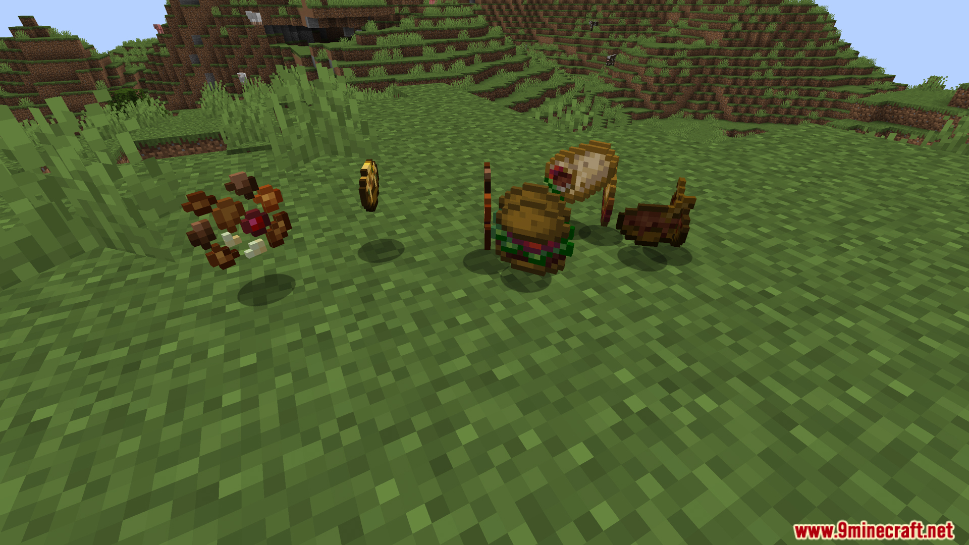 Legume Delight Mod Screenshot 8 Assortment of crafted meals including burgers and wraps on the grass
