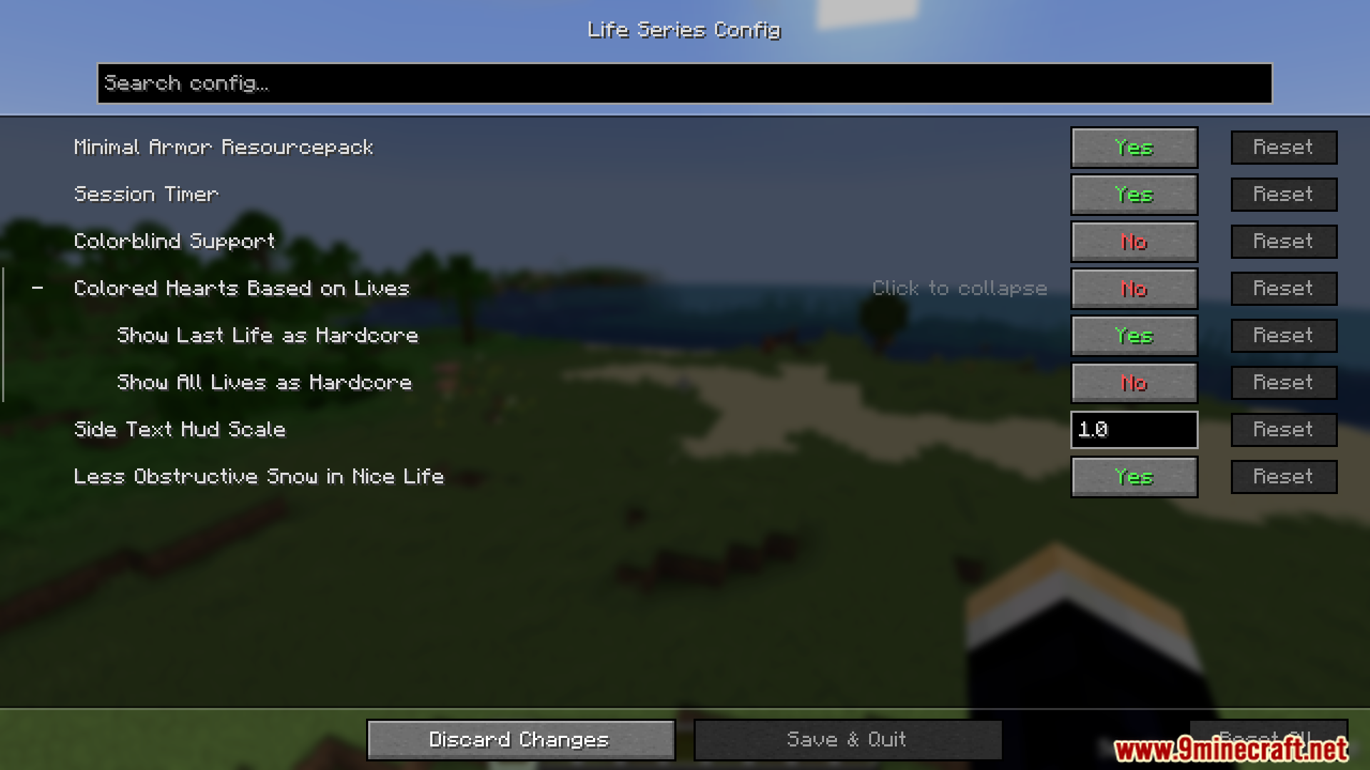 Configuration menu for adjusting various settings and features of the mod