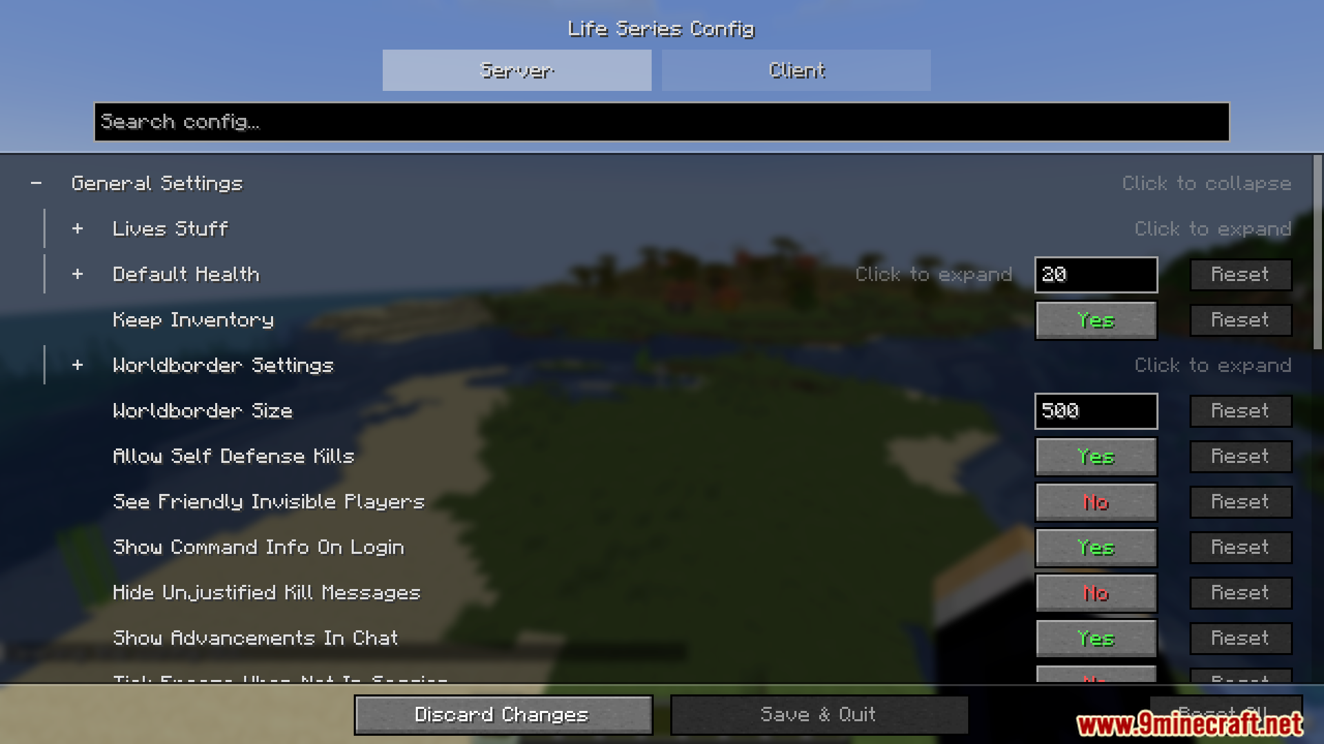 General settings configuration menu showing health and worldborder options