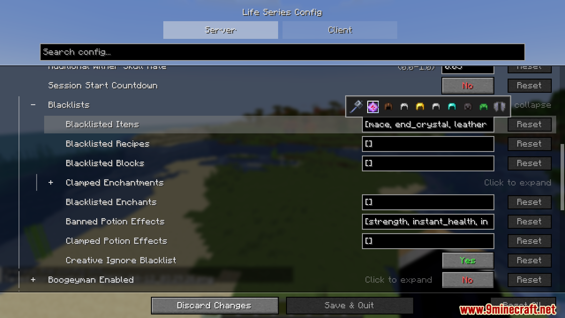 Blacklist configuration menu showing banned items and potion effects