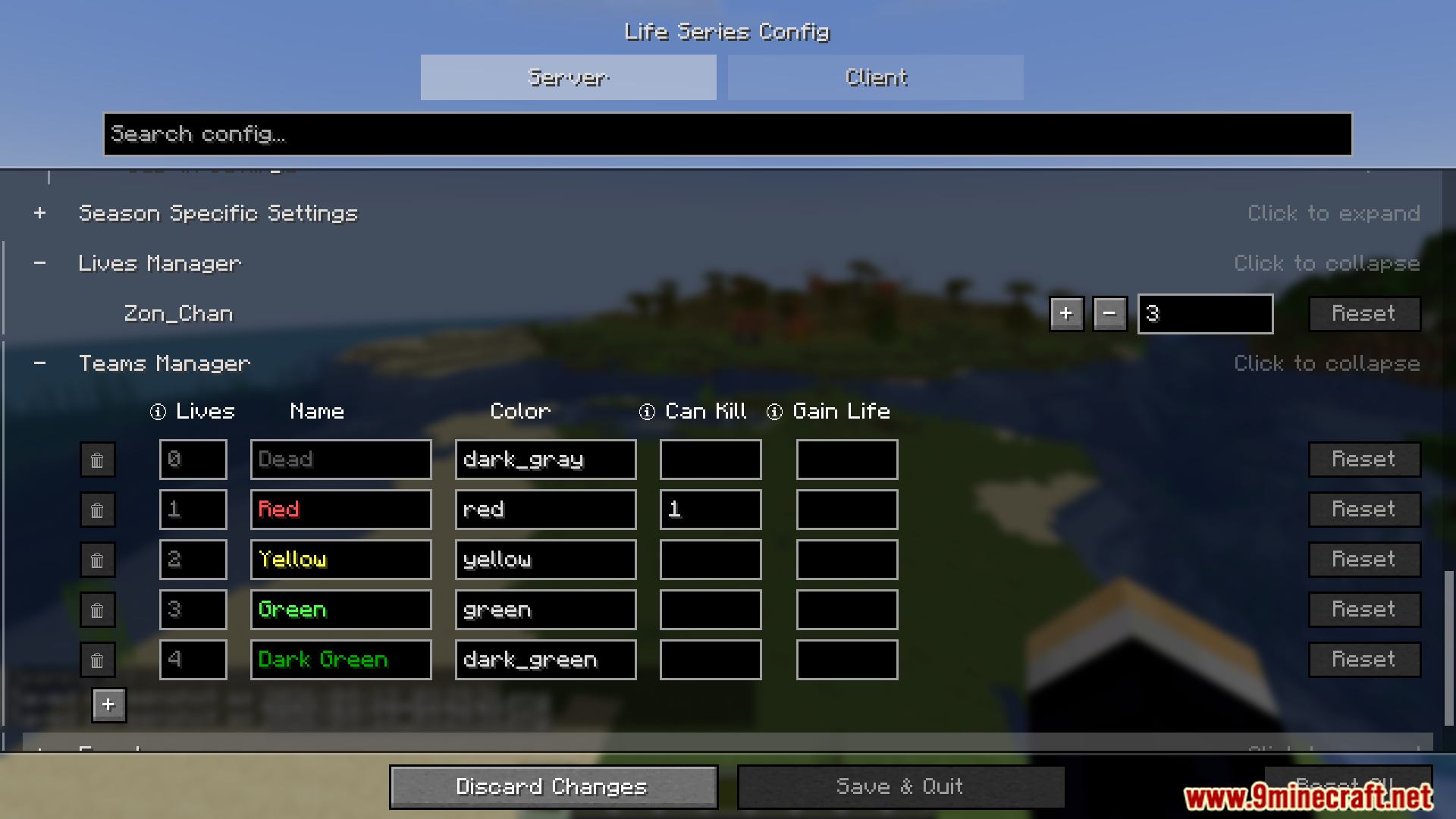 Season specific settings menu managing lives and teams in game