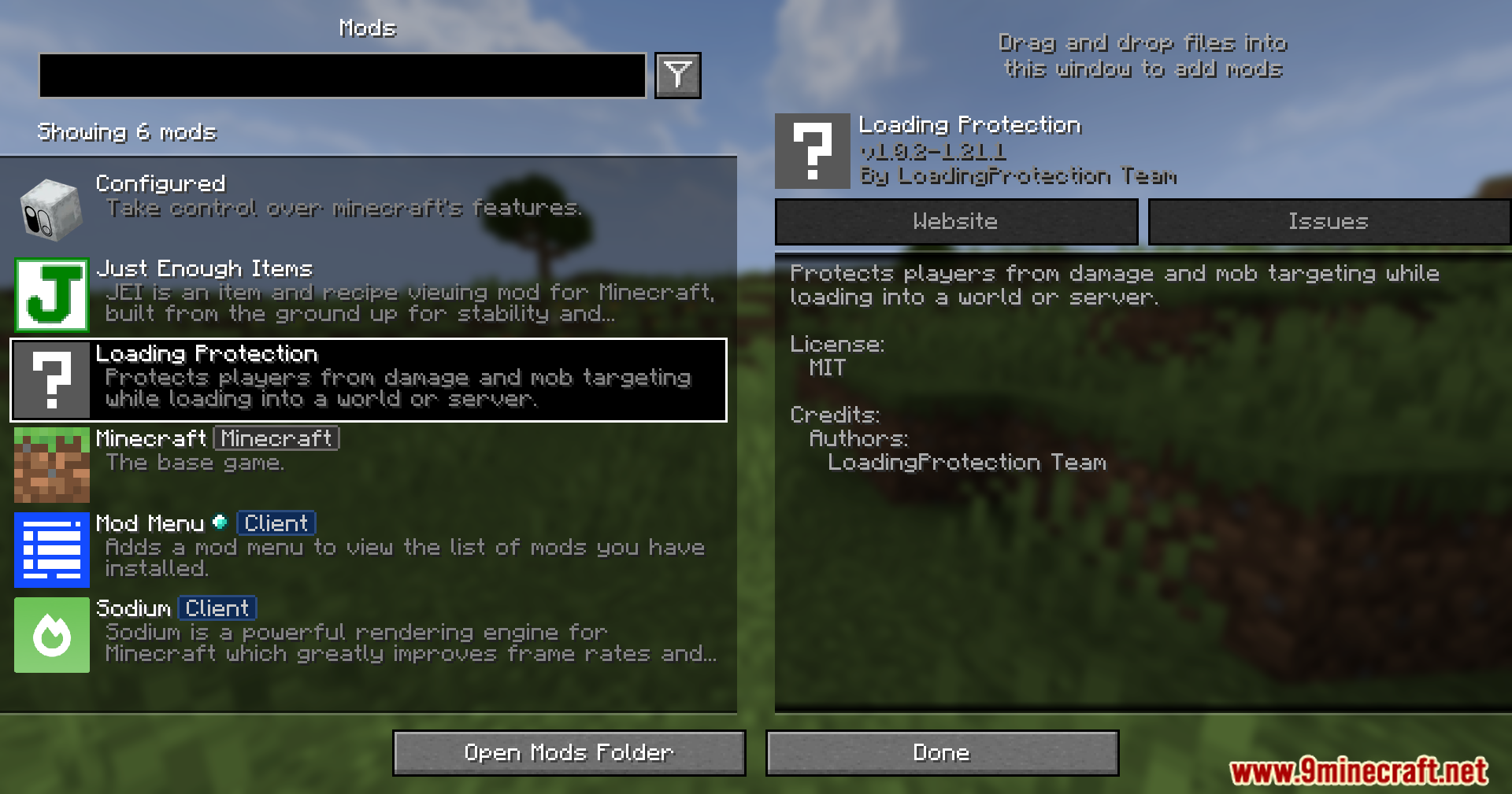 Loading Protection mod details in the Minecraft mods menu