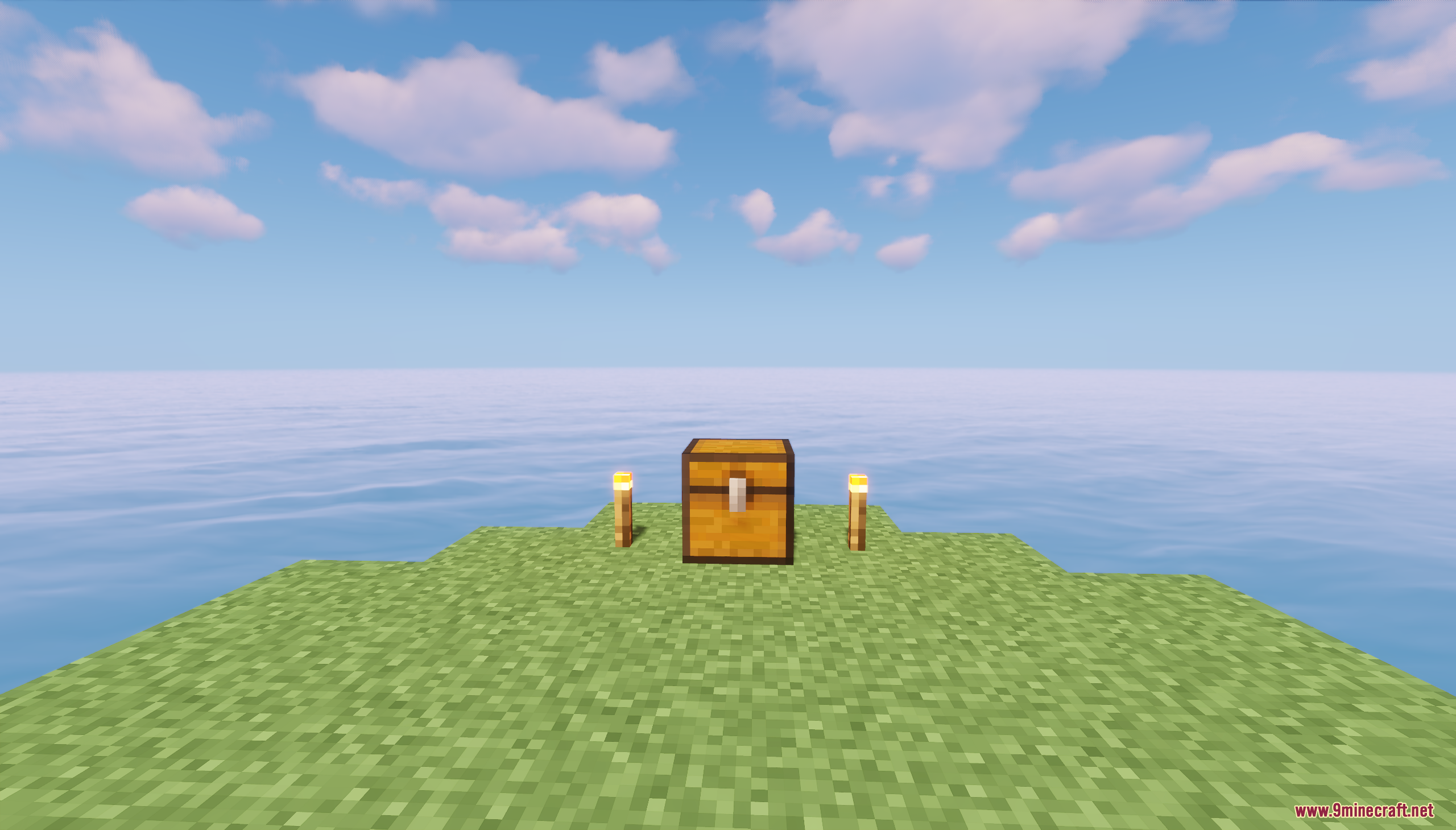 Starting chest on a small grassy island in the ocean