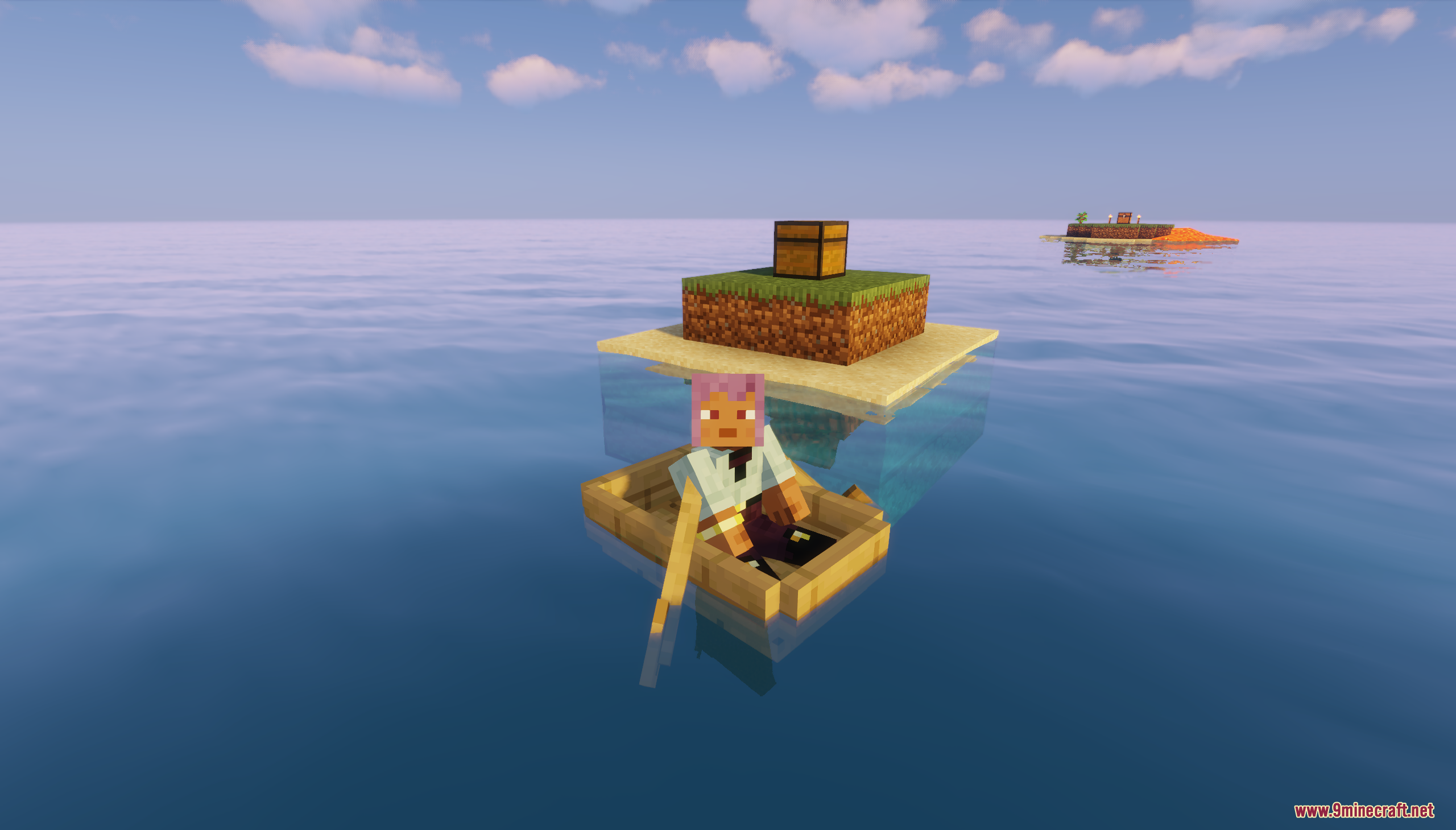 Player in a wooden boat rowing near a tiny survival island