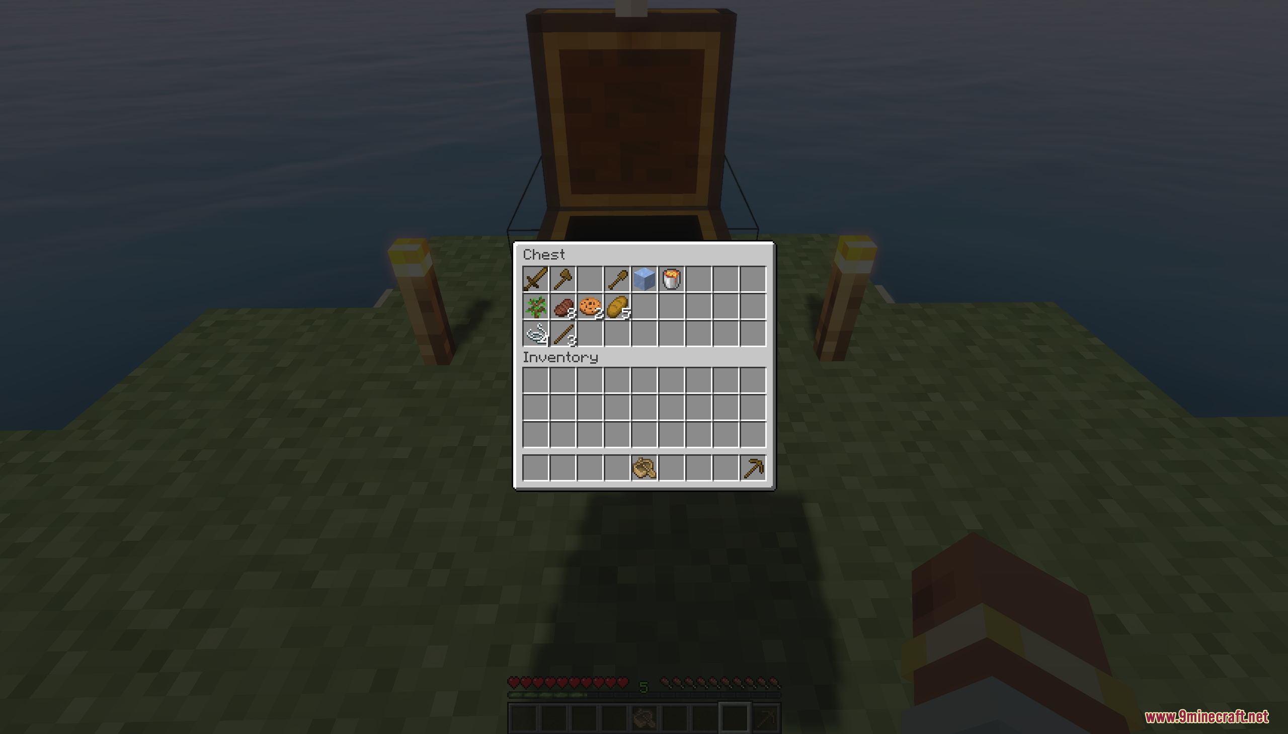Player checking the starting chest inventory with basic survival items