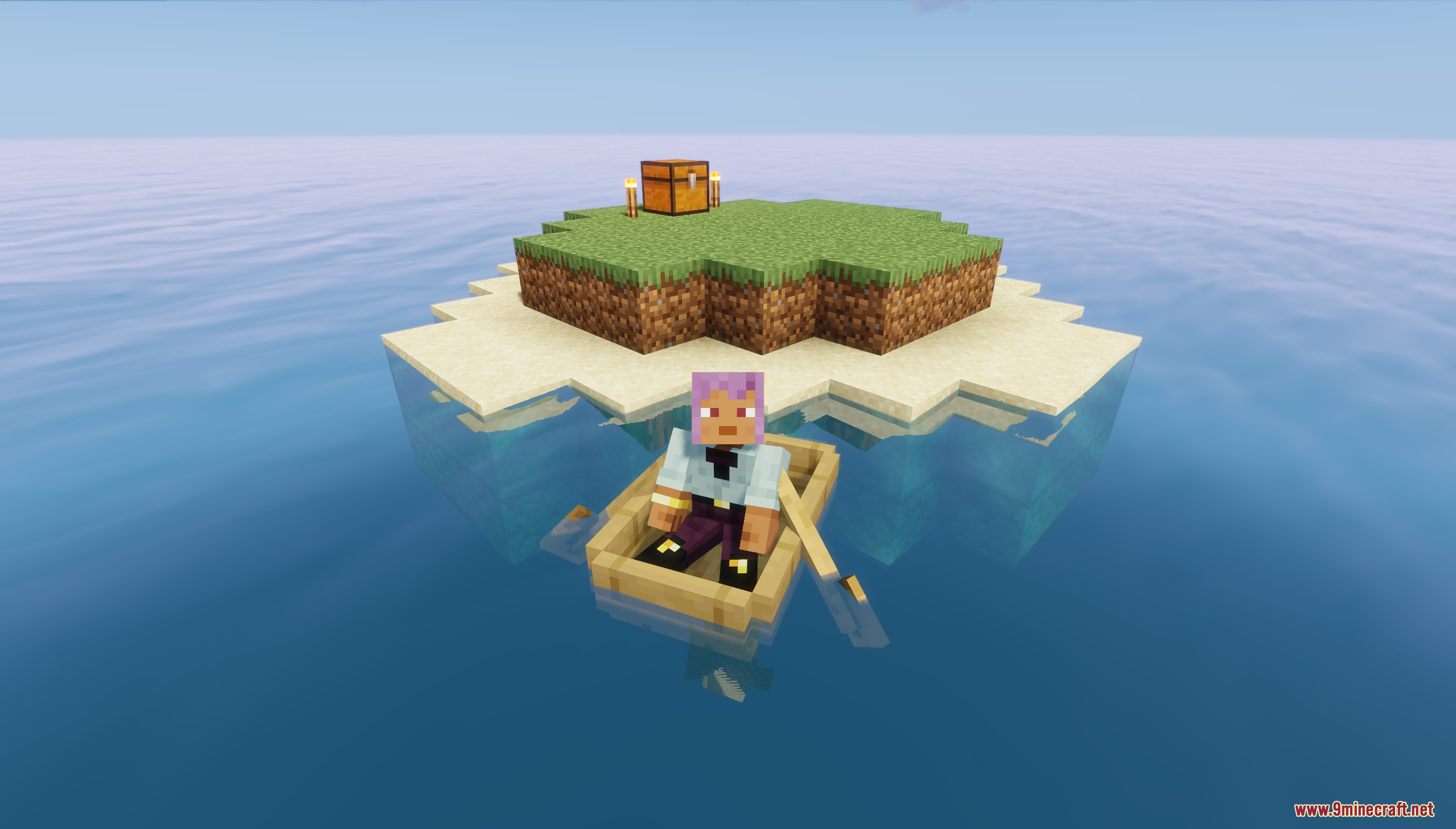 Small survival island with a chest and wooden boat nearby