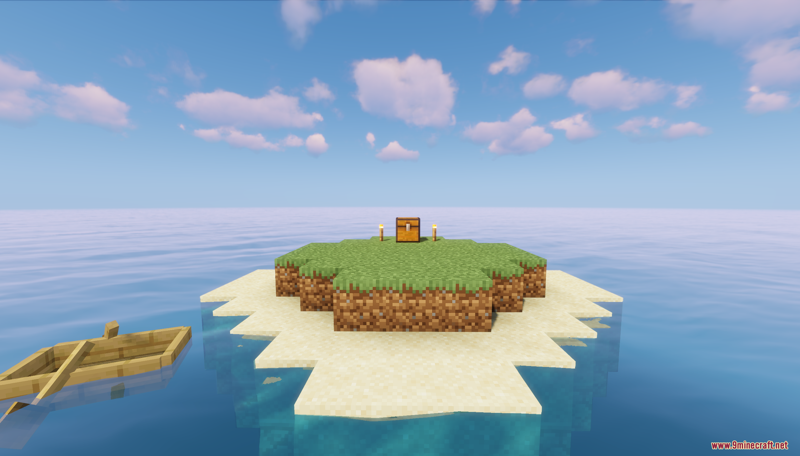Player character sitting in a wooden boat near the survival island