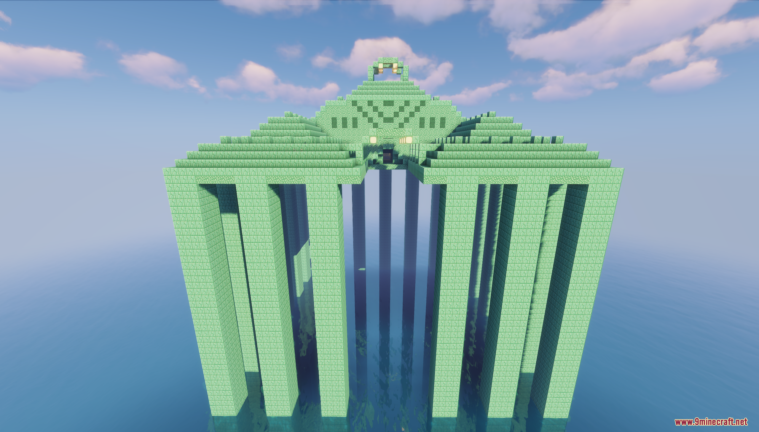 Large ocean monument structure raised above the water on tall pillars