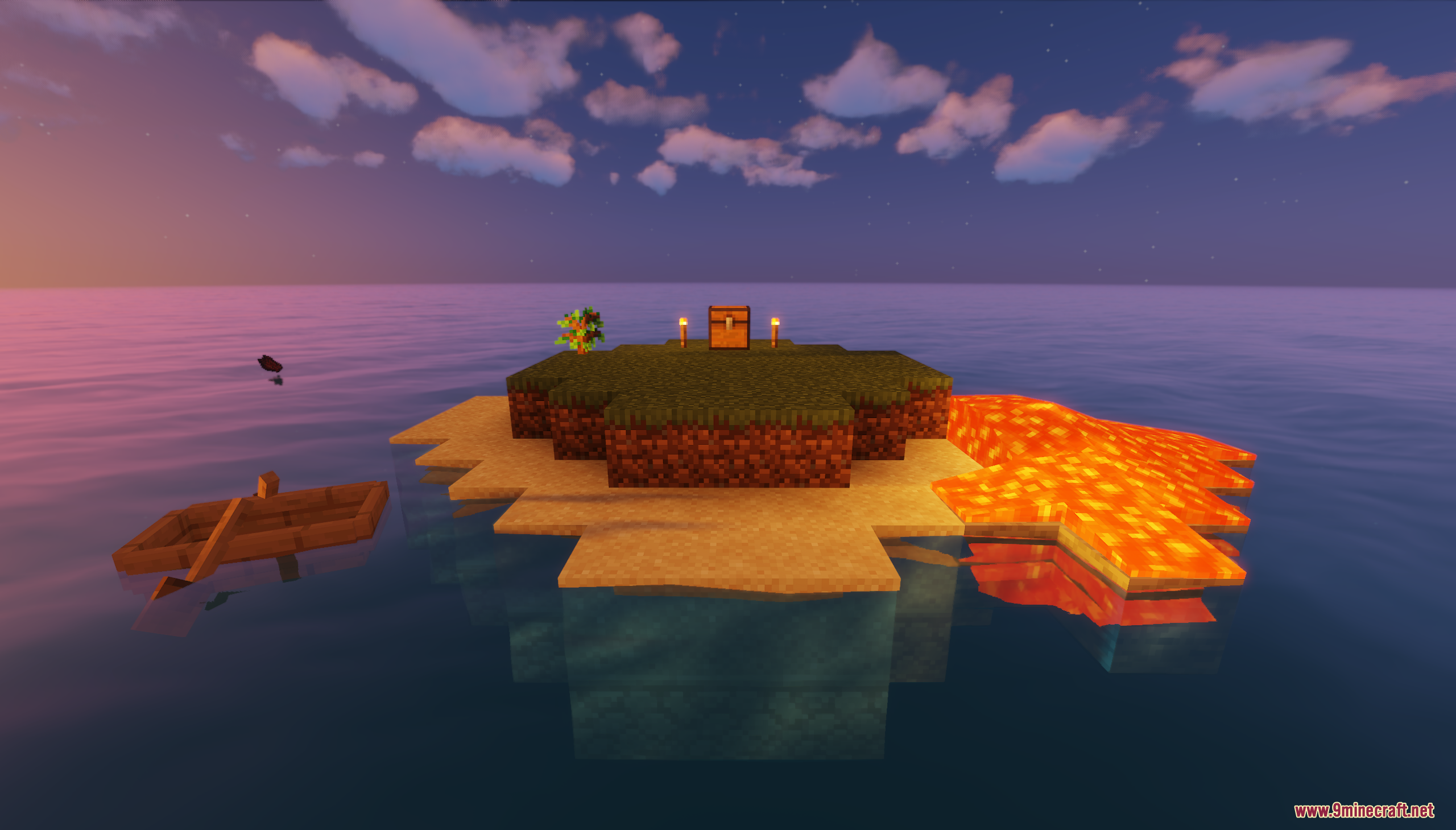 Expanded survival island featuring a chest boat torches and flowing lava