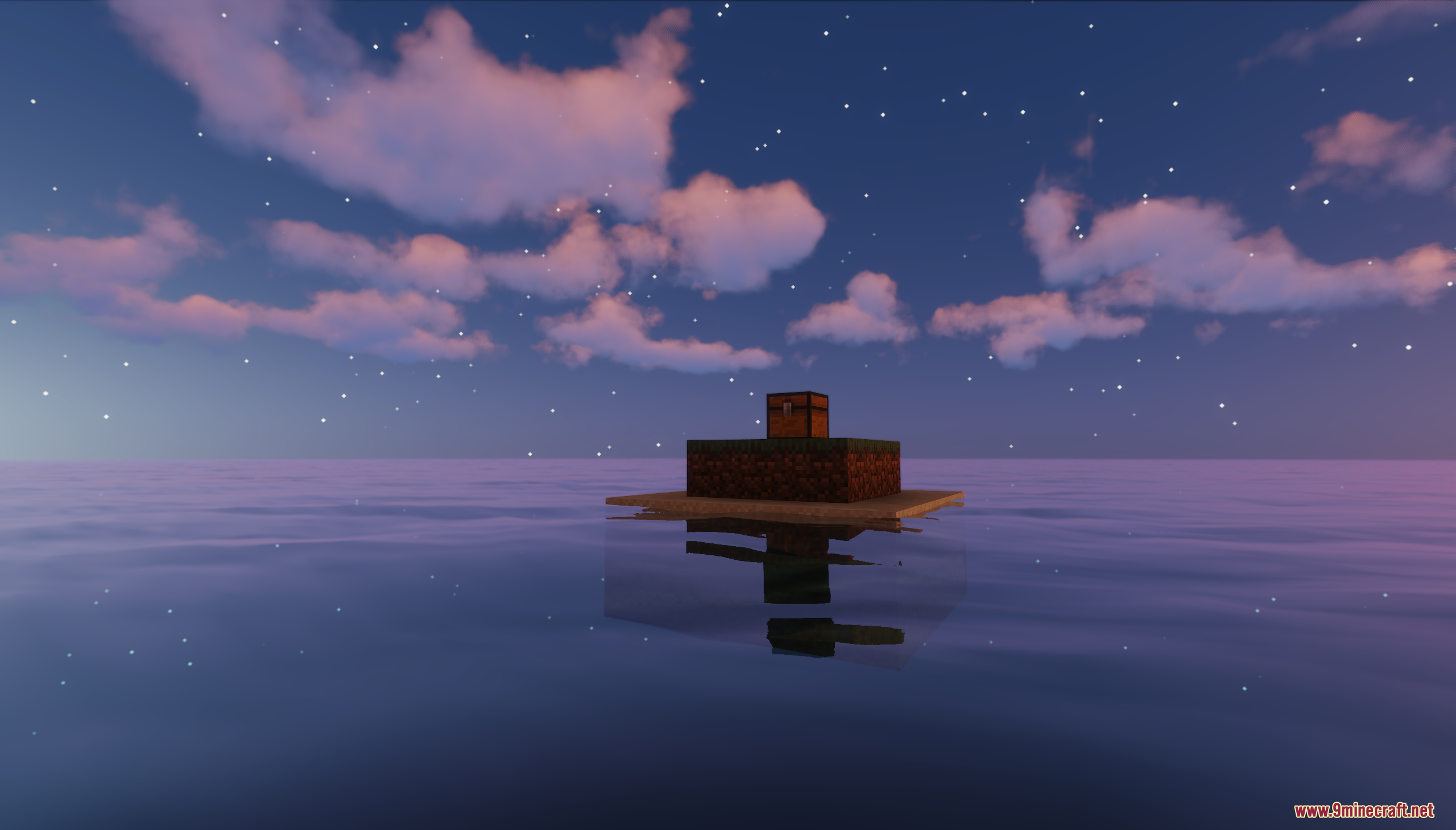 Small dirt island with a chest floating on water at night
