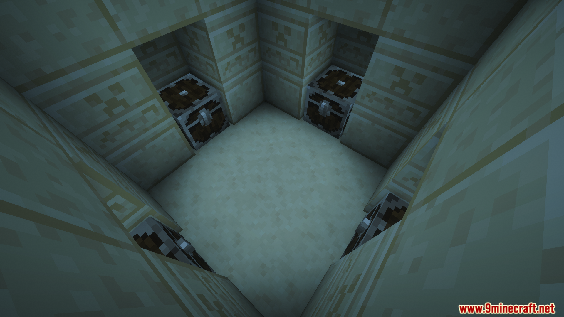 Four identical loot chests at the bottom of a pit