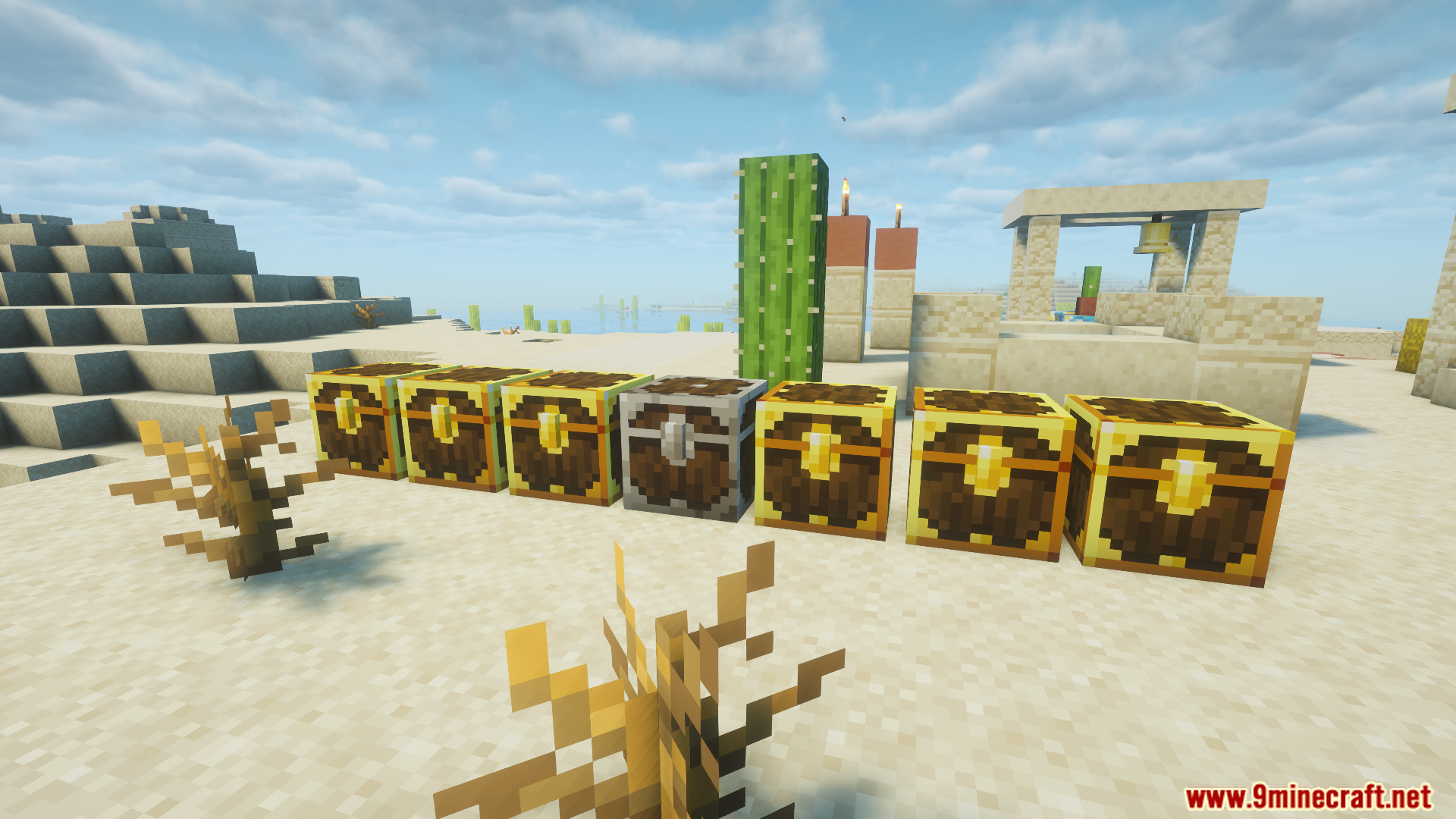 A long row of golden and silver loot chests