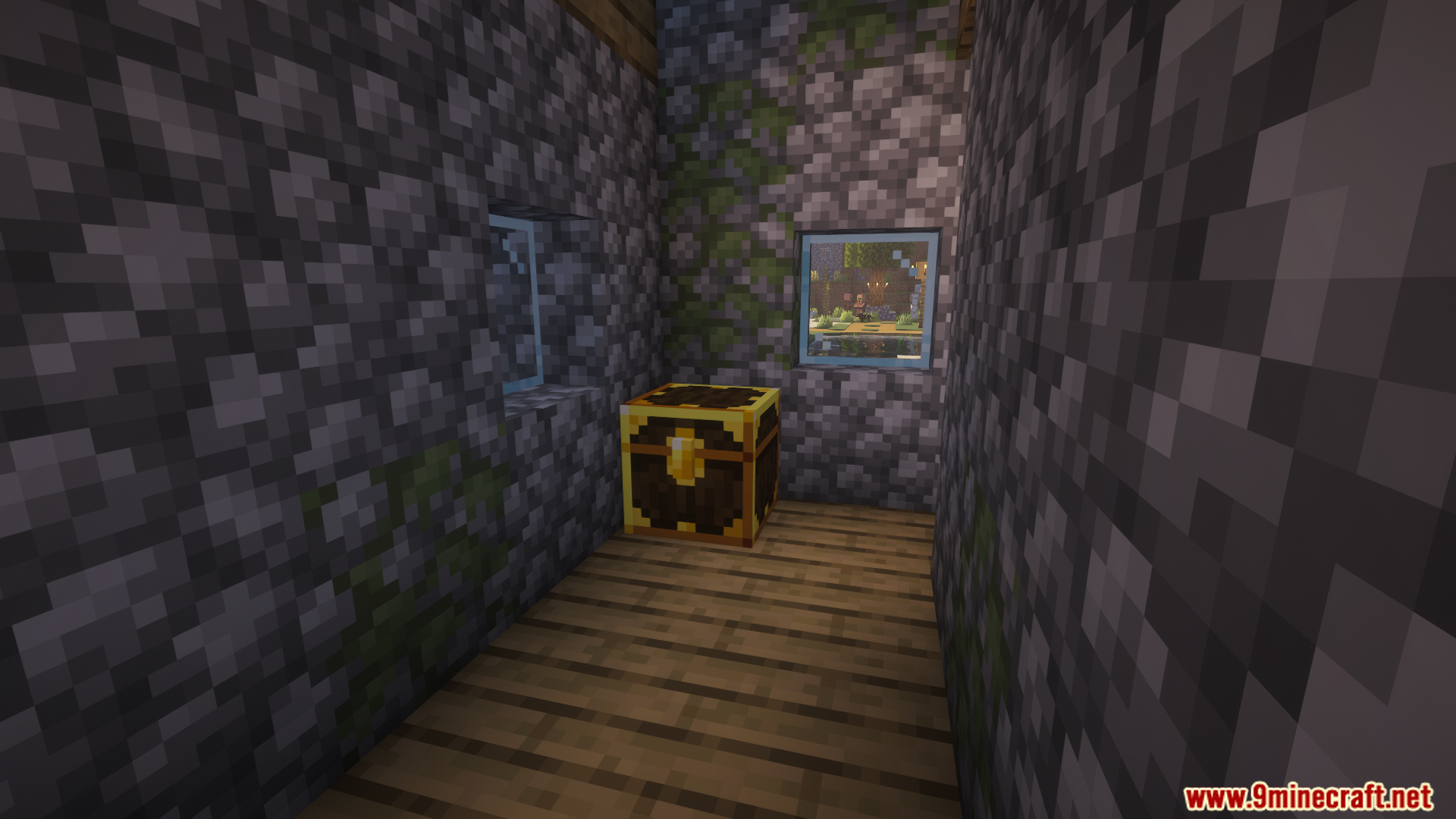 A unique gold-trimmed loot chest in a stone room