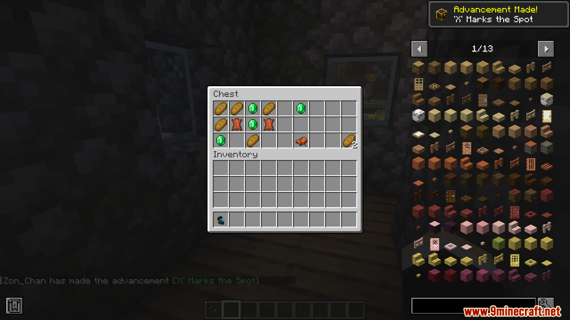 Opening a chest reveals bread, emeralds, and leather armor