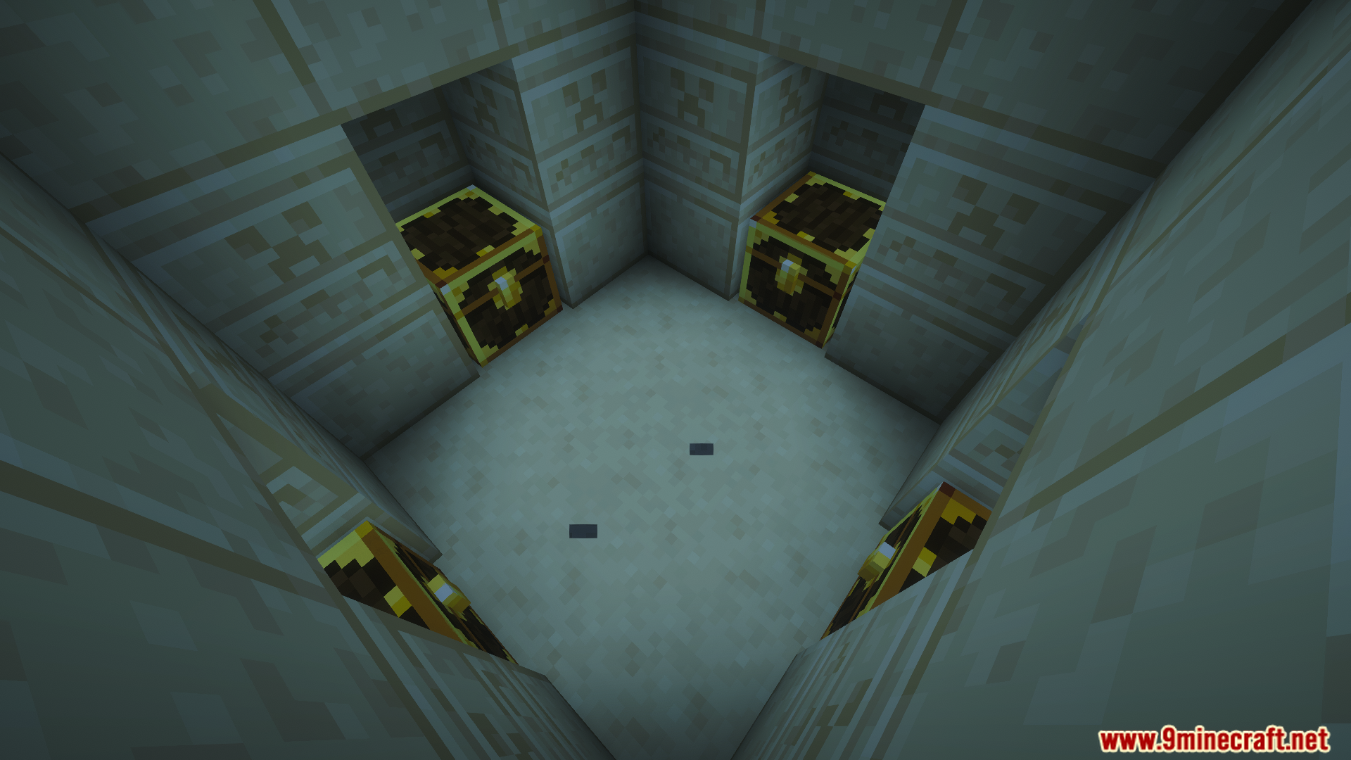 Four Lootr chests at the bottom of a desert temple