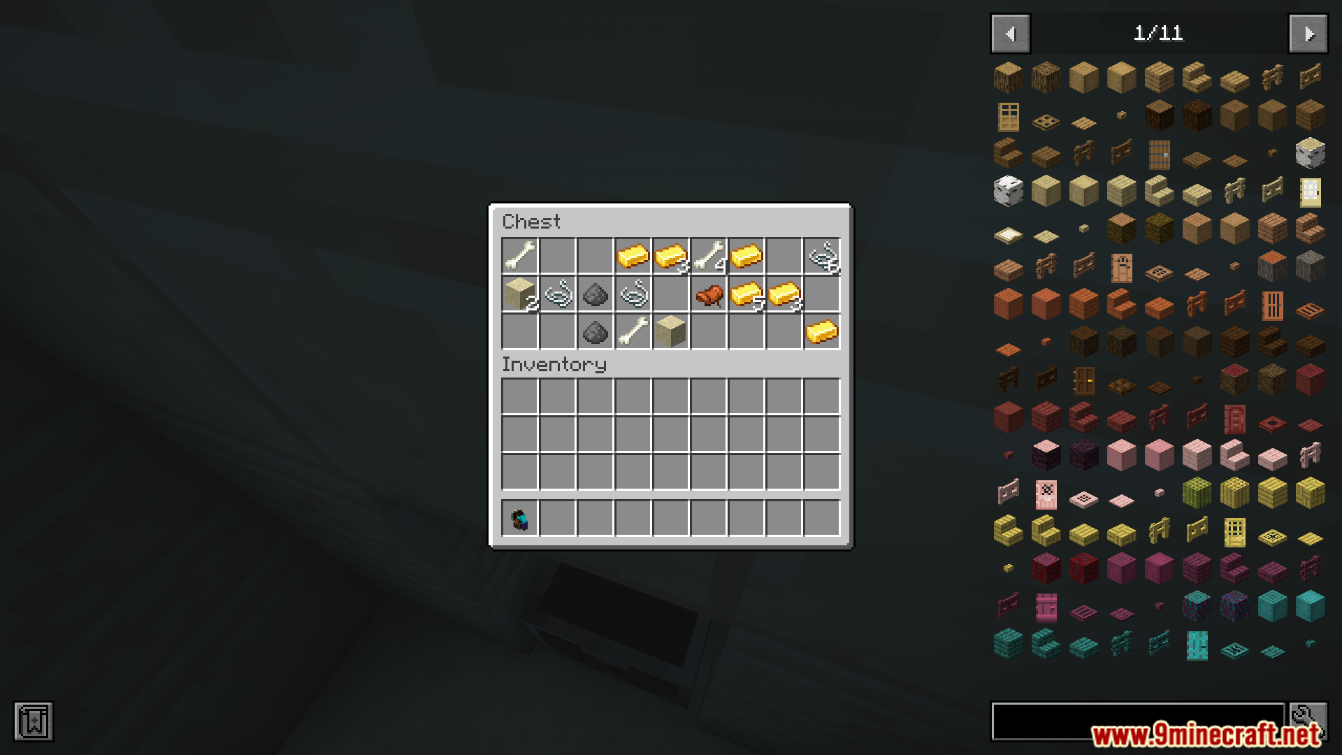Chest inventory with gold ingots, bones, and gunpowder