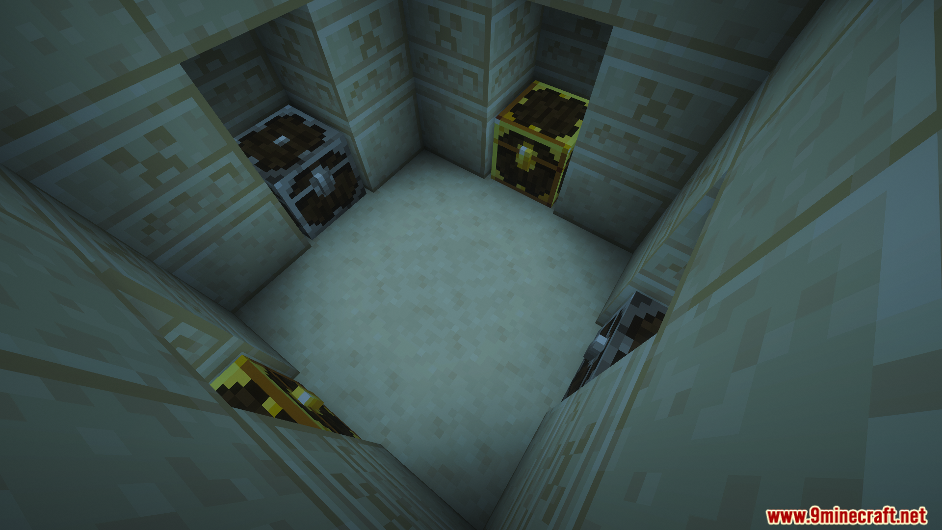 Looking down at four loot chests in a desert temple