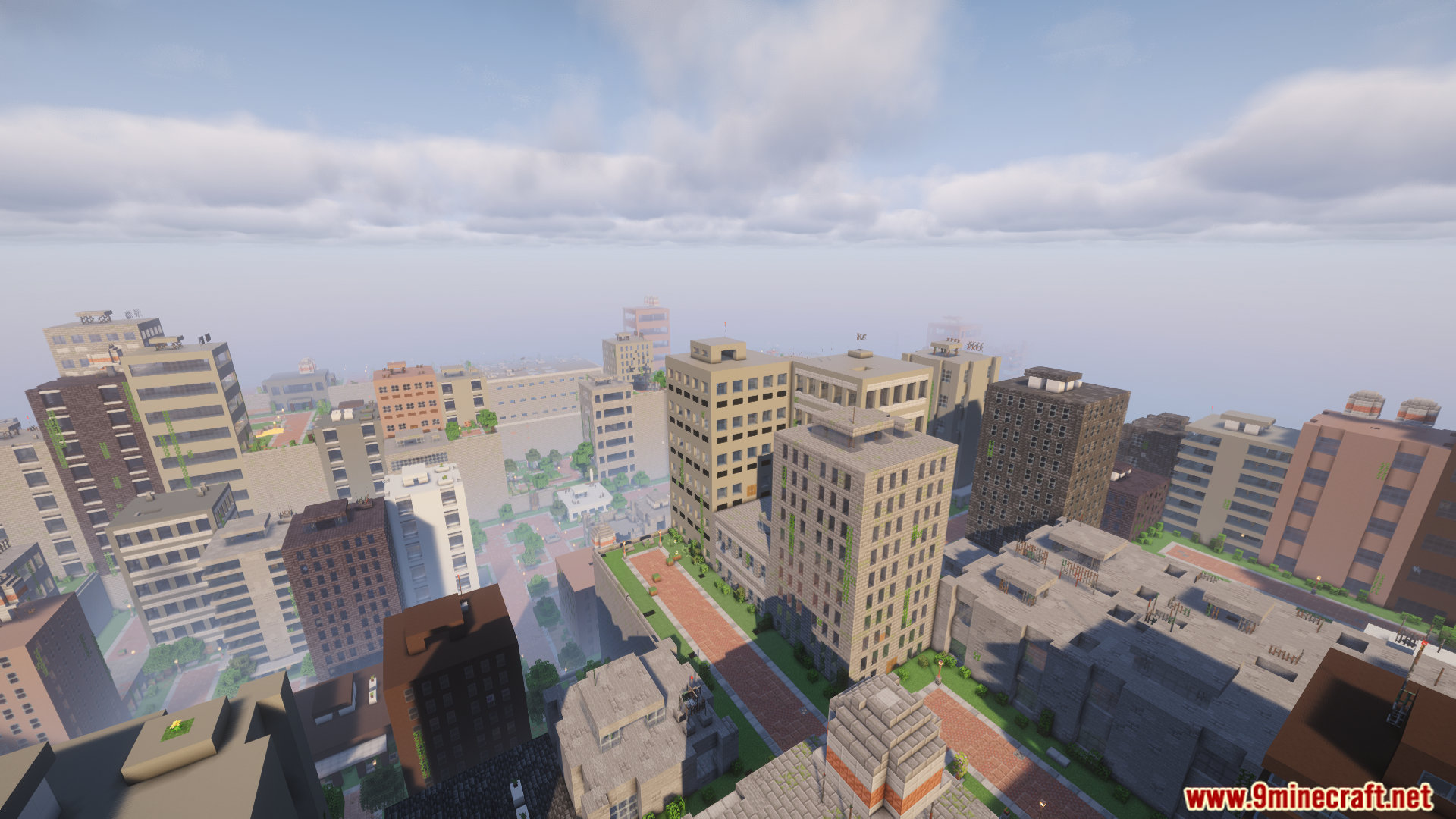 An aerial view of a detailed modern city