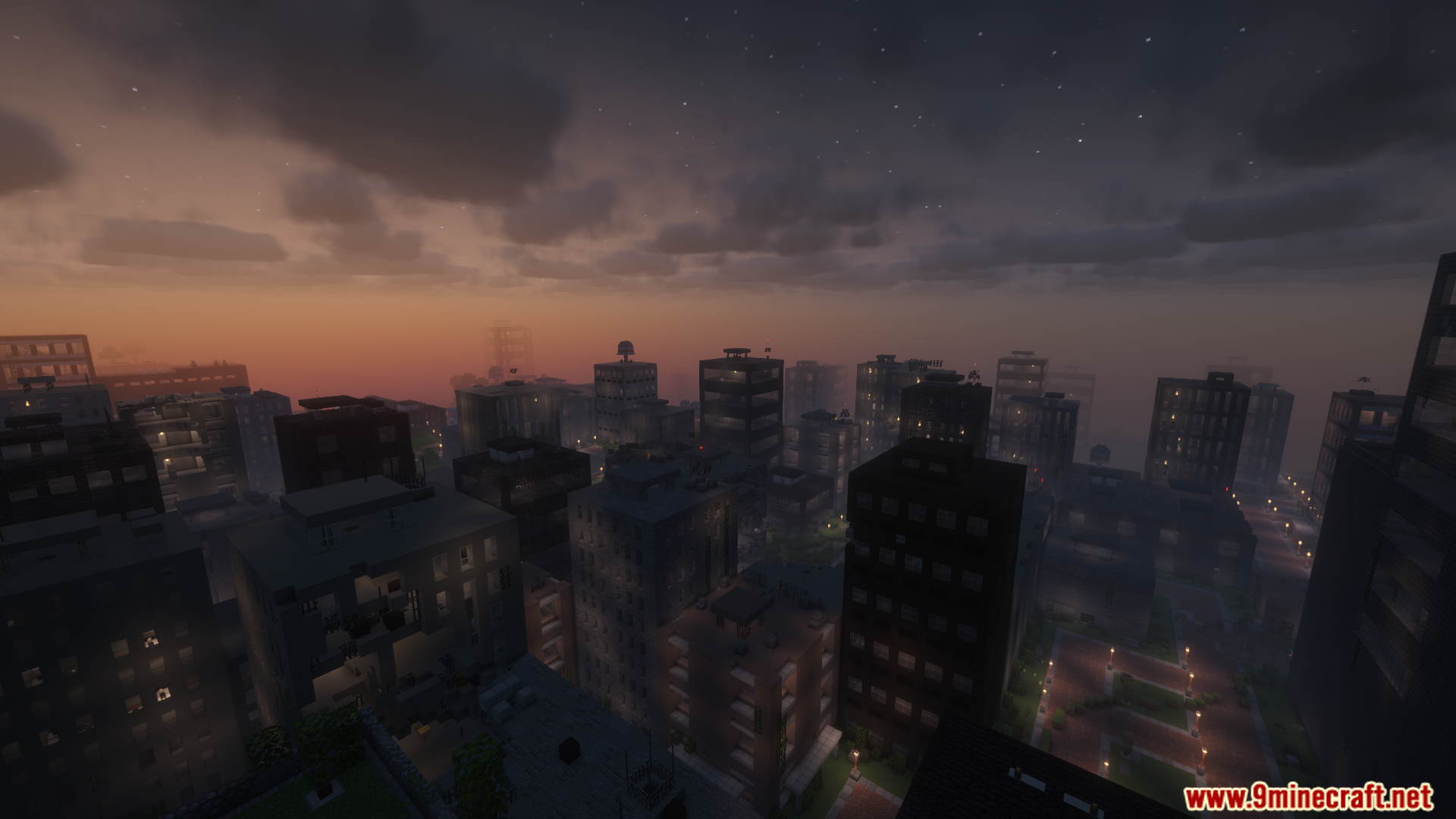 A modern city skyline during a hazy sunset