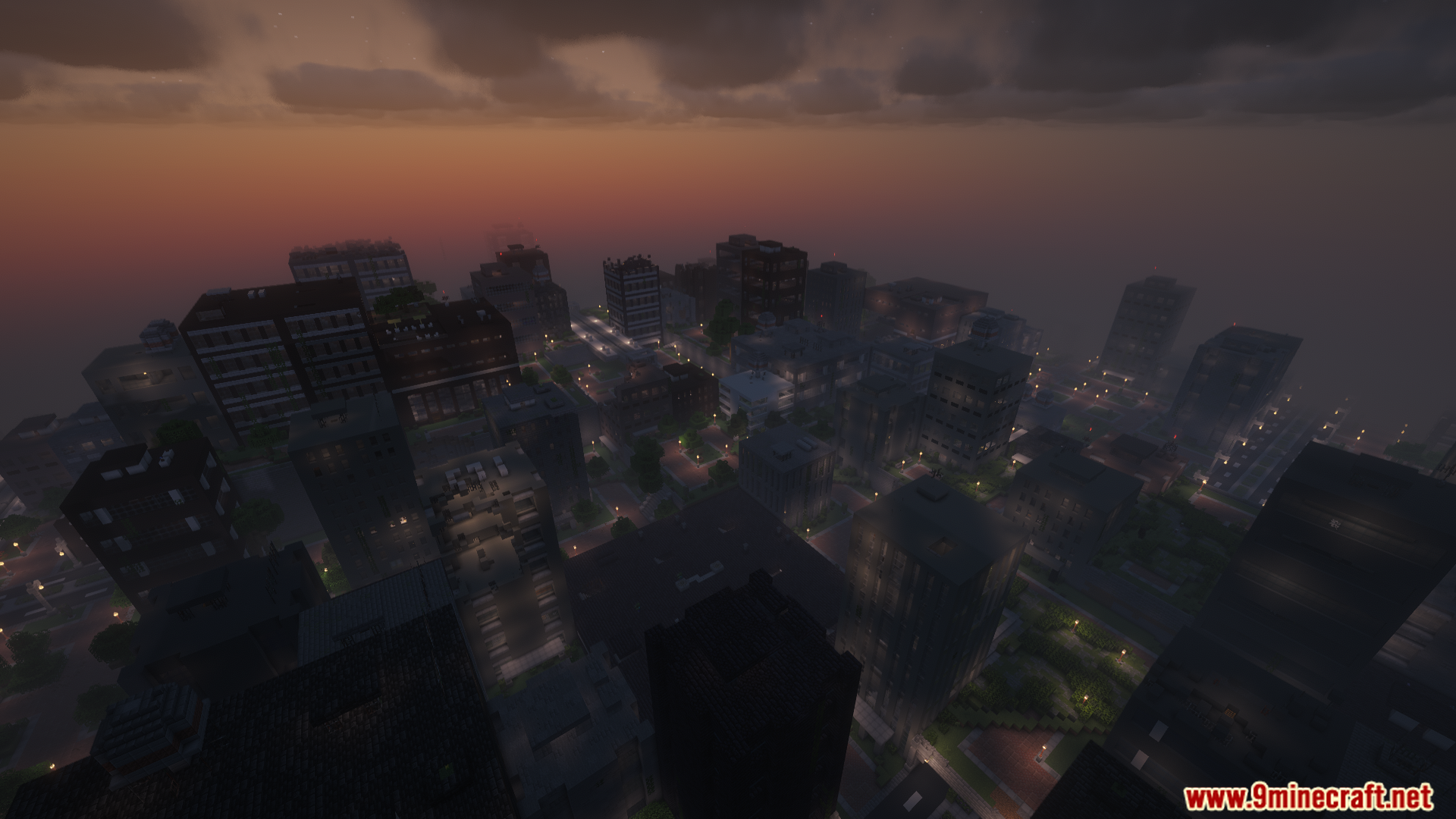 An expansive, modern city skyline at dusk