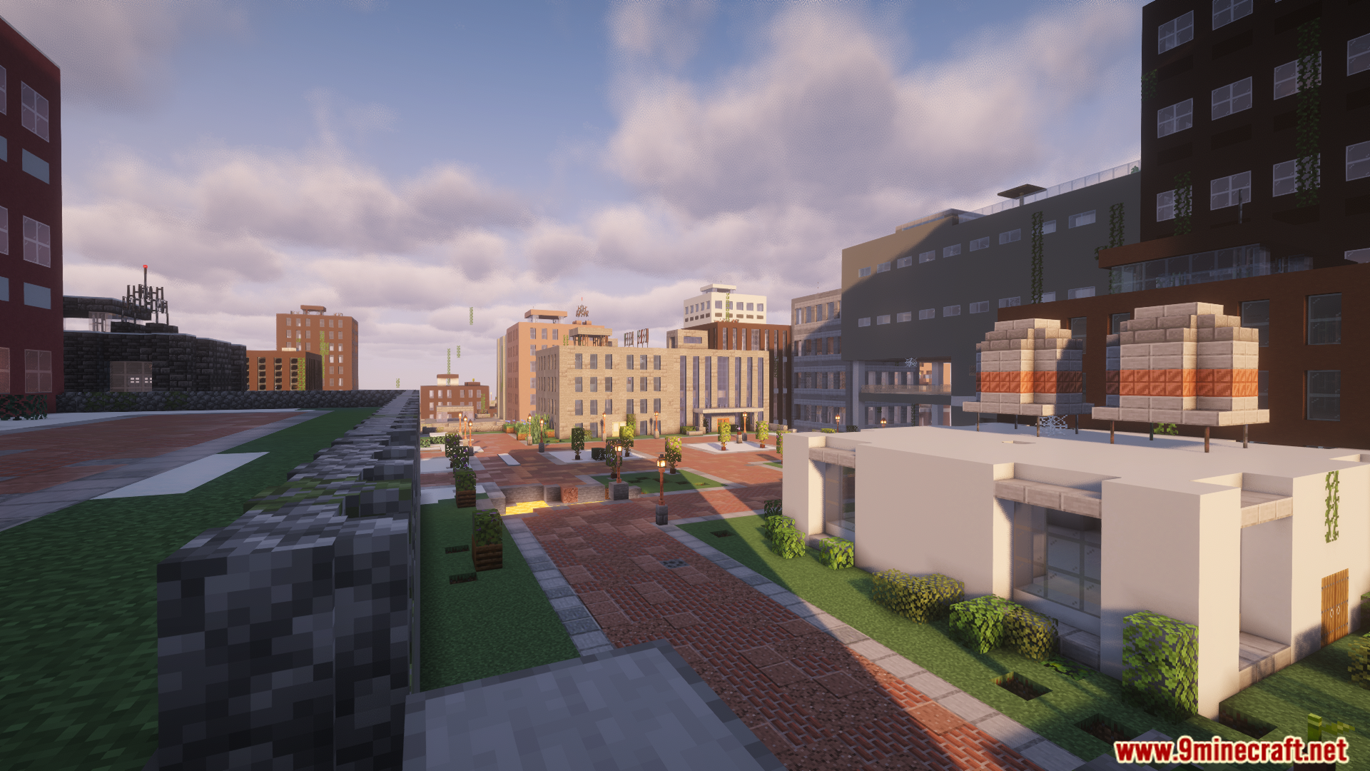 Street-level view of a modern city with diverse architecture