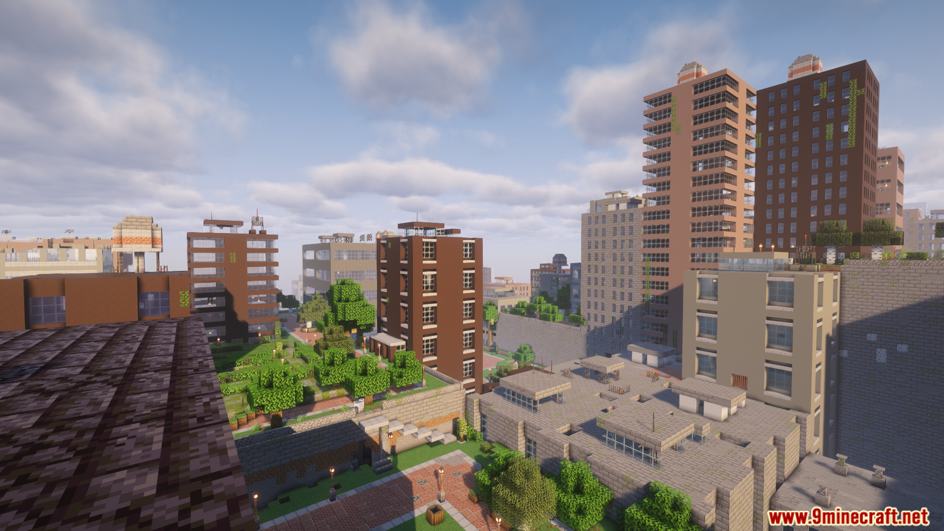 A sprawling modern city with rooftop gardens and tall buildings