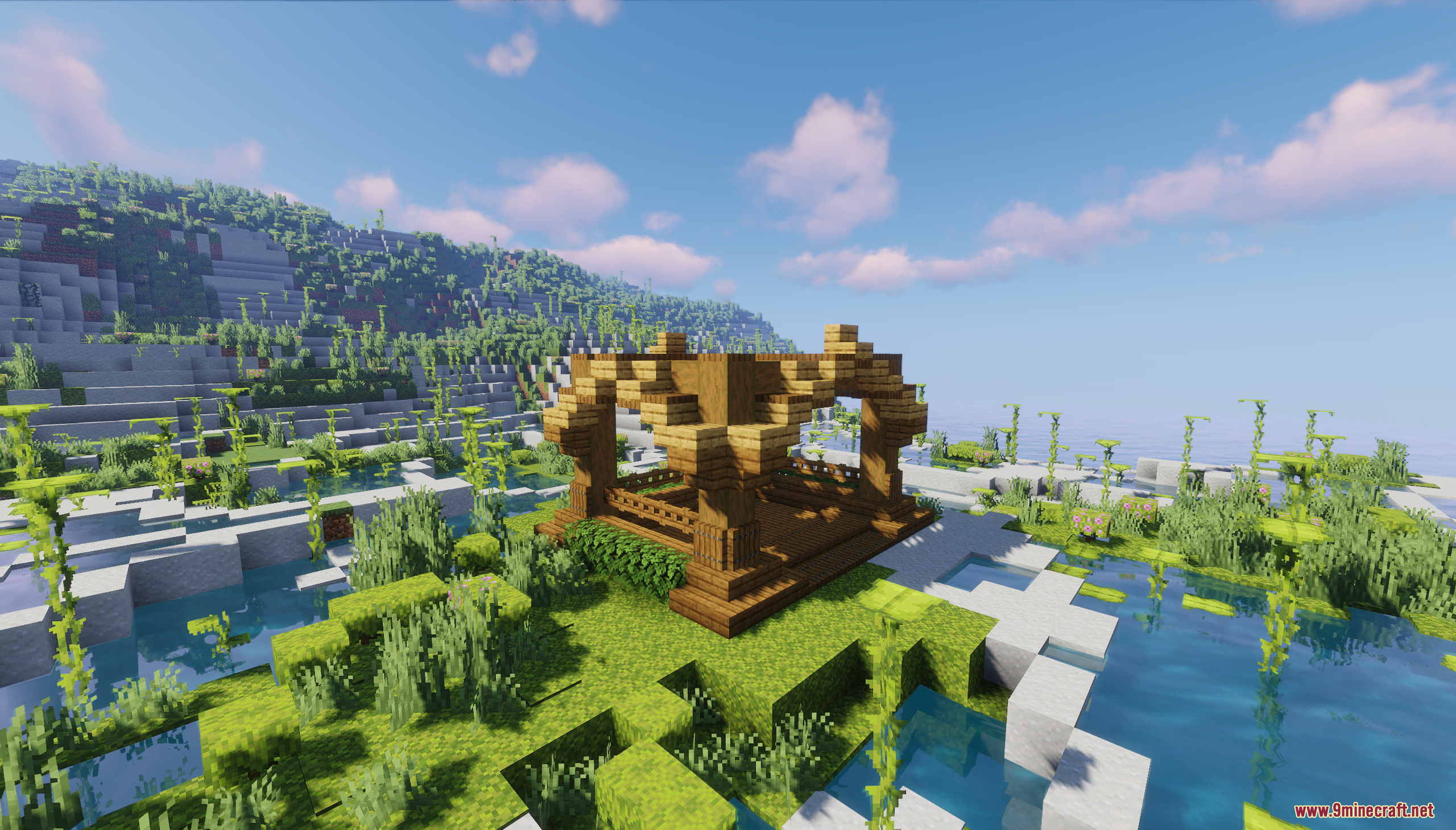 Ornate wooden ruin on a vibrant green landscape