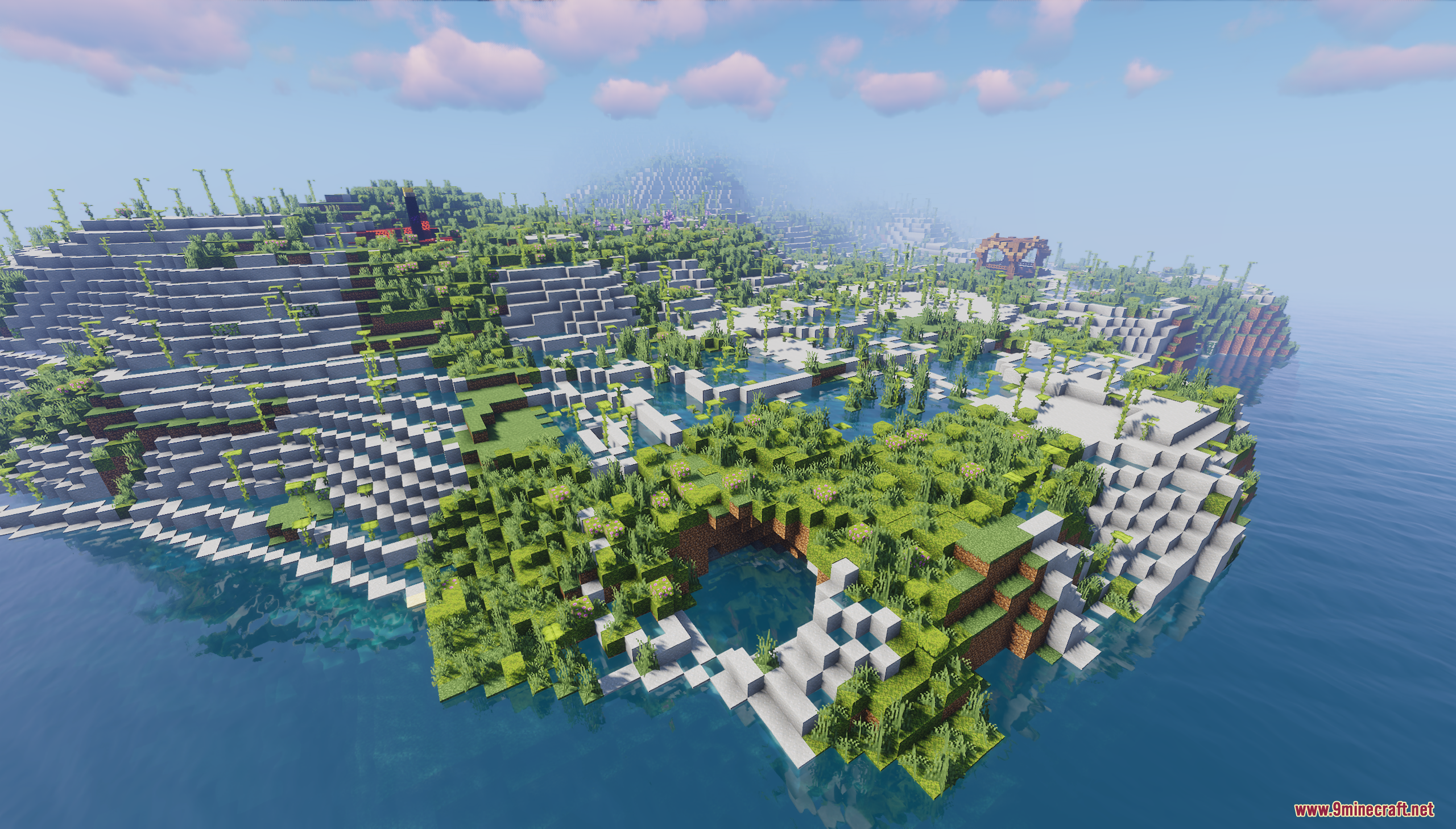 An aerial view of the entire lush island