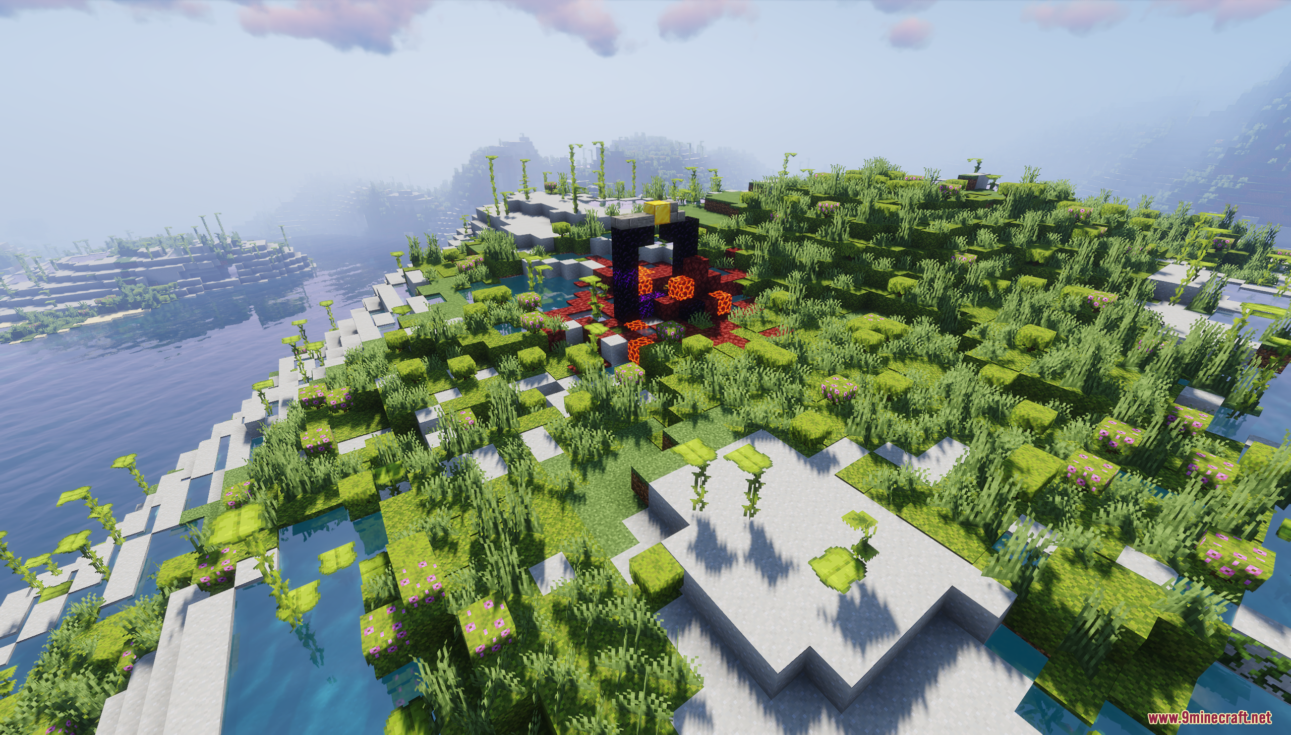 A ruined Nether portal on a lush, overgrown island