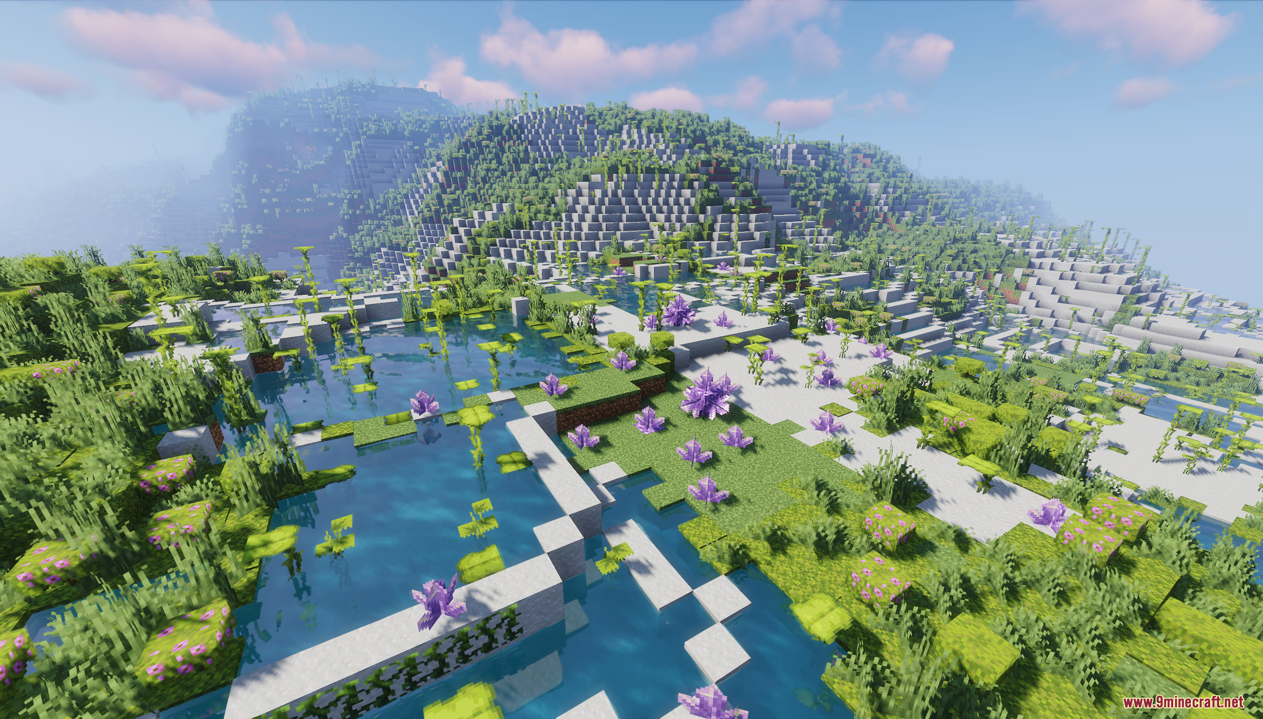 Terraced landscape with water pools and purple amethyst clusters