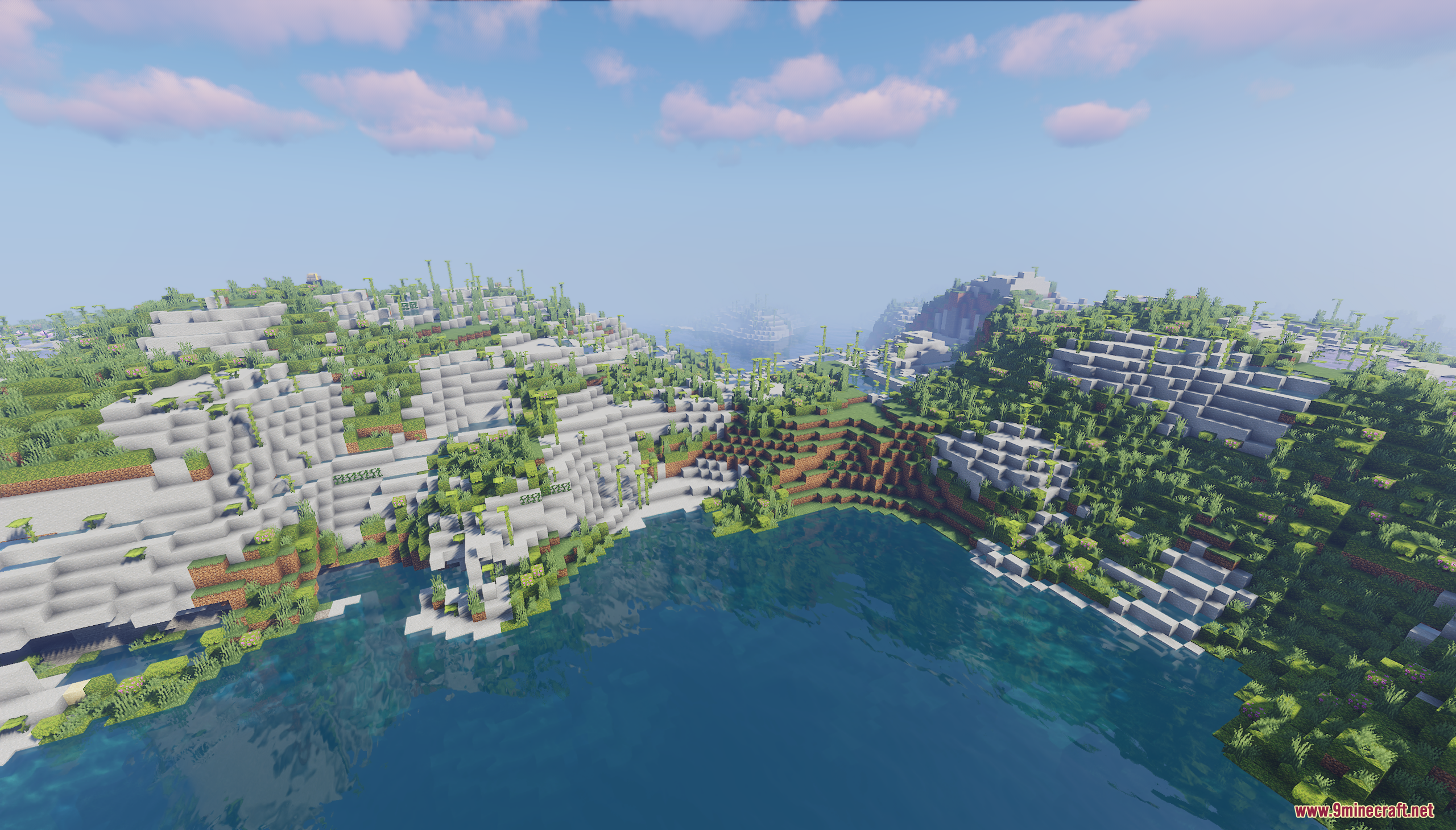 A scenic view of a lush, terraced coastline