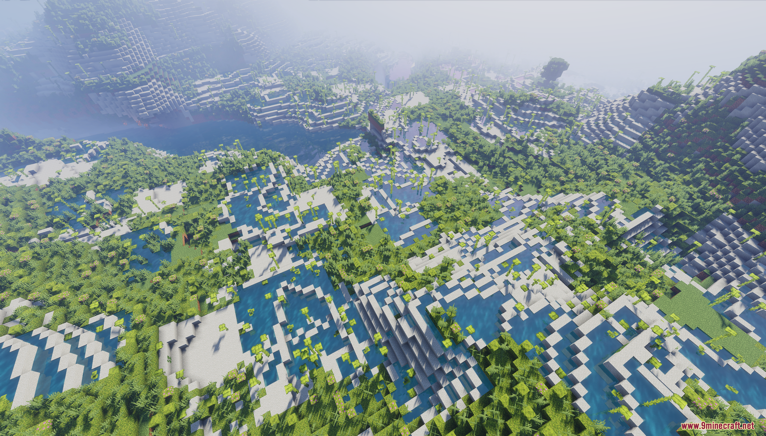 Aerial view of a flooded, overgrown, and terraced landscape