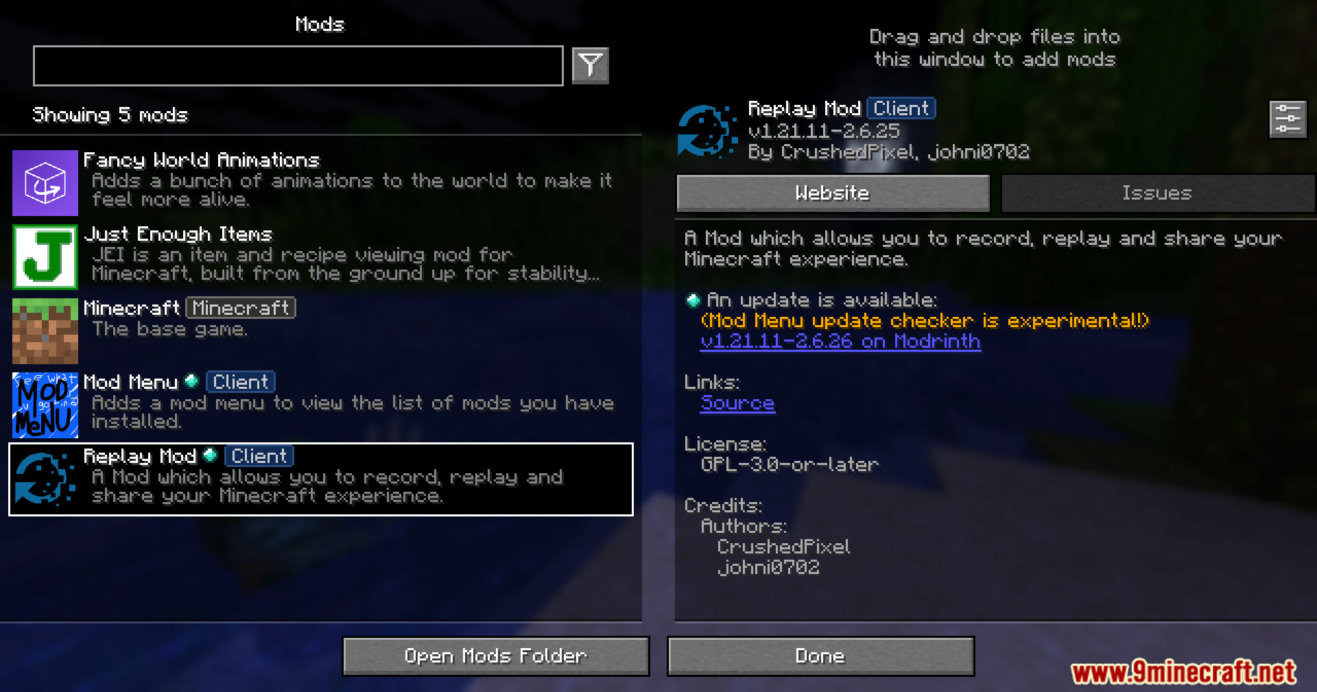 Minecraft mods list showing the Replay Mod