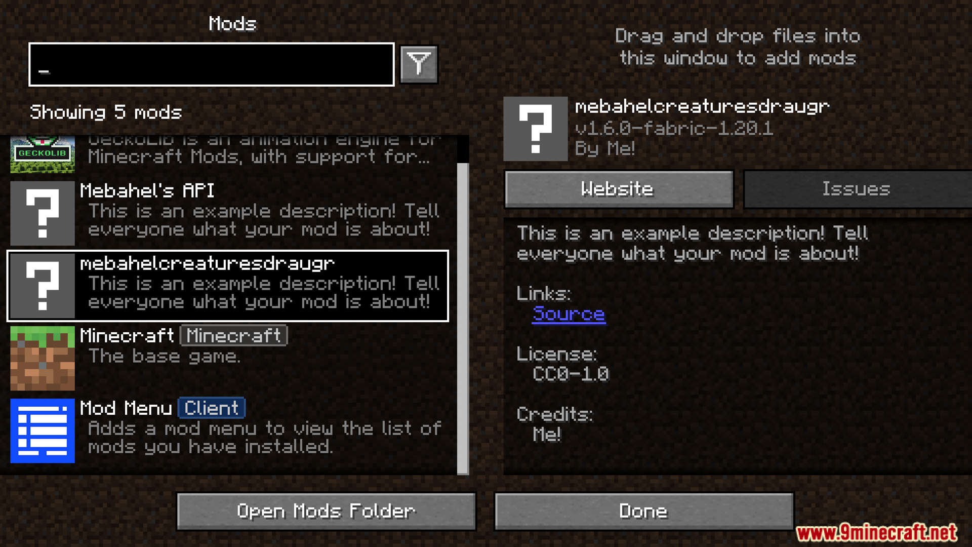 Minecraft mod list displaying the Mebahels Creatures Draugr Invasion mod